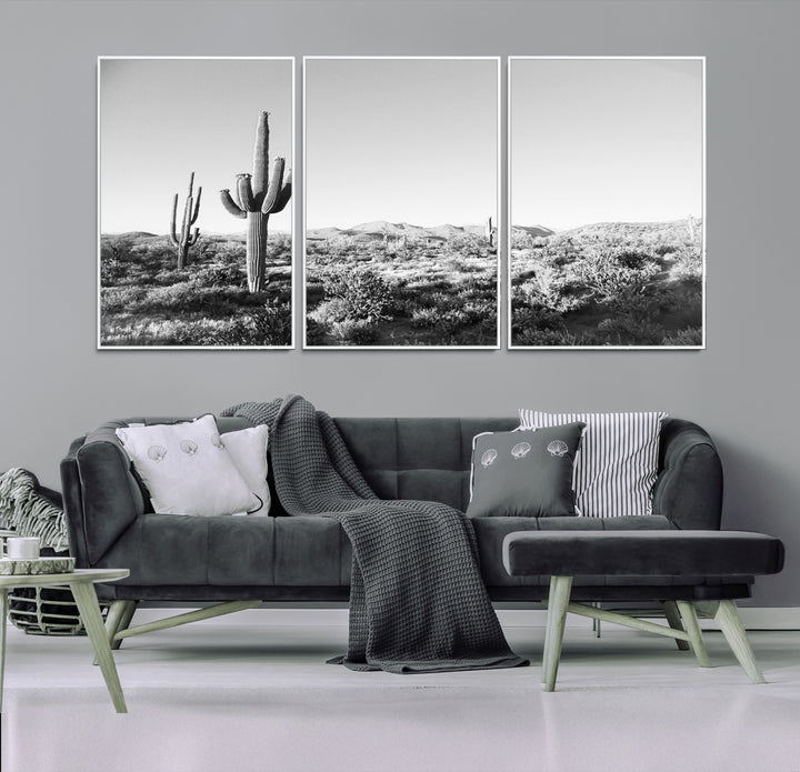 Saguaro Cactus Wall Art Canvas Print, Monochrome Landscape Print, Framed Scenic Arizona Art Print, Large Timeless Western Aesthetic Printing