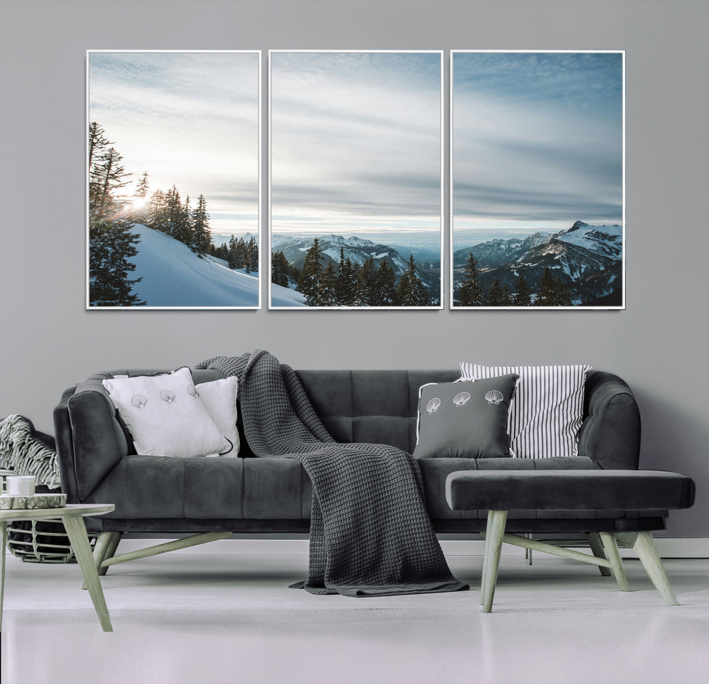55564749-MGV-FC-60X30-3P-Snowy Mountains Wall Art Canvas Print, Framed Alpine Landscape Art Picture Print, Frosty Peaks Perfect Nordic Minimalist Decor Artwork