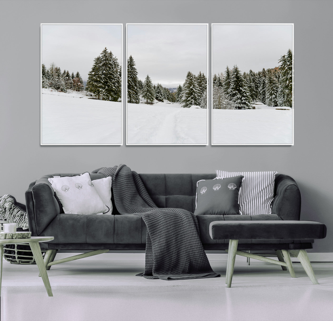 24581417-MGV-CV-36X24-Frosty Pines Wall Art Canvas Print – Framed Silent Snowfall Cozy Cabin Nordic Minimalist Winter Landscape Artwork for Home, Office