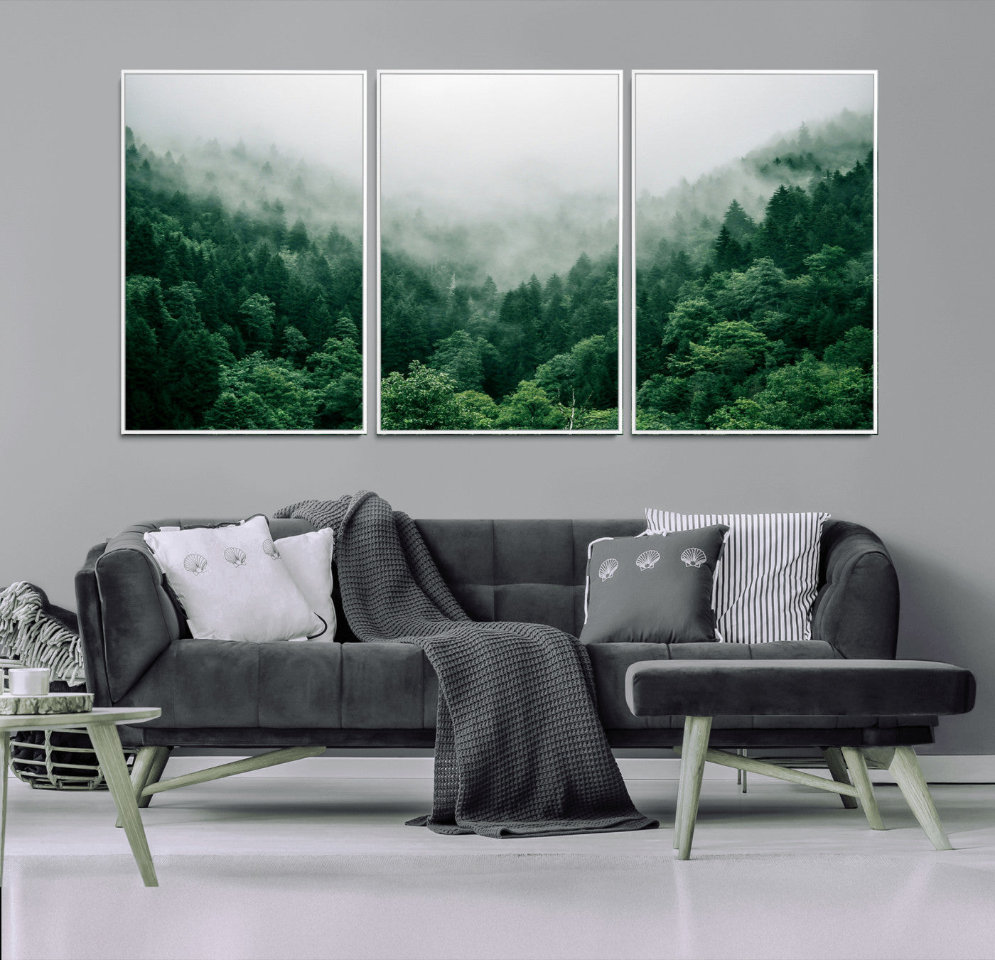 MGV-FC-60X30-3P - Misty Green Forest Canvas Print – Serene Foggy Pine Landscape Wall Art, Tranquil Nature Decor for