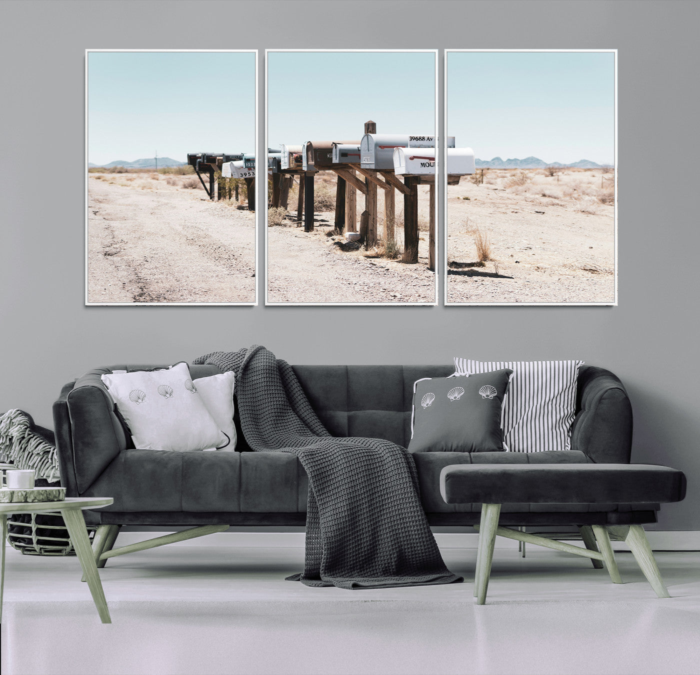 MGV-FC-60X30-3P - Desert Mailboxes Canvas Print – Minimal Western Landscape Photography, Rustic Americana Wall Art for