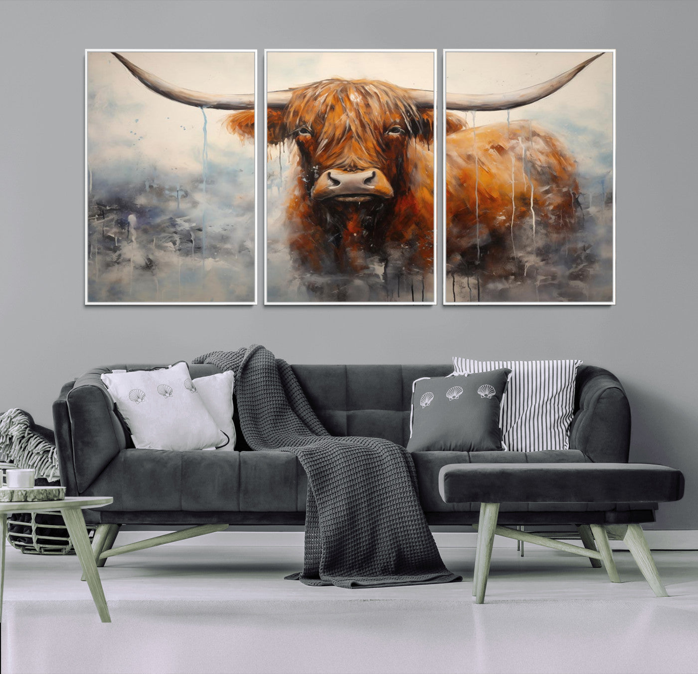 MGV-FC-60X30-3P - Scottish Highland Wall Art Canvas Print, Framed Longhorn Art Picture Print, Western Cow Perfect Farmhouse Decor Artwork