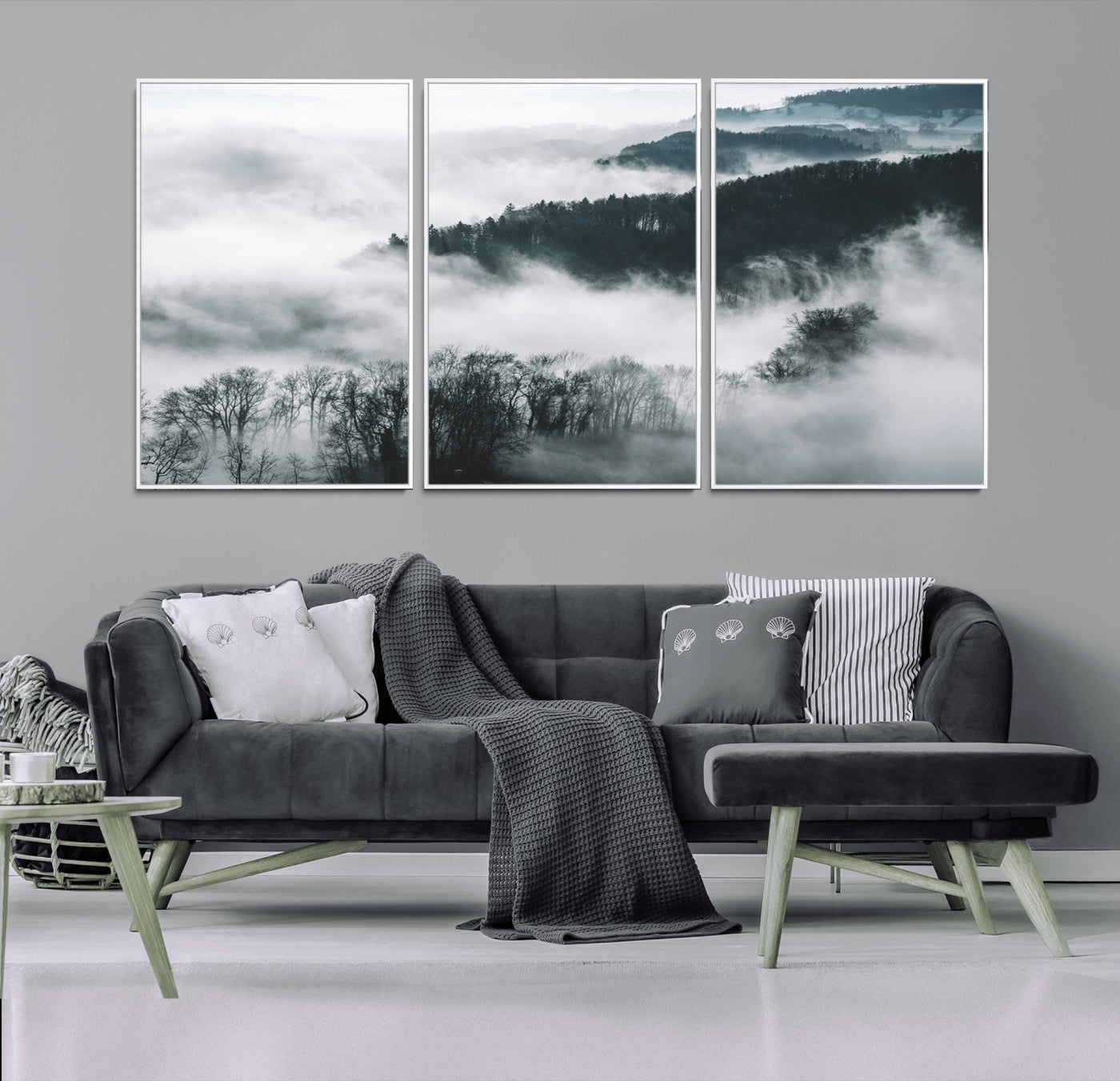 MGV-FC-60X30-3P - Foggy Forest Landscape Wall Art Canvas Print – Misty Mountain Valley Scene in Monochrome Tones,