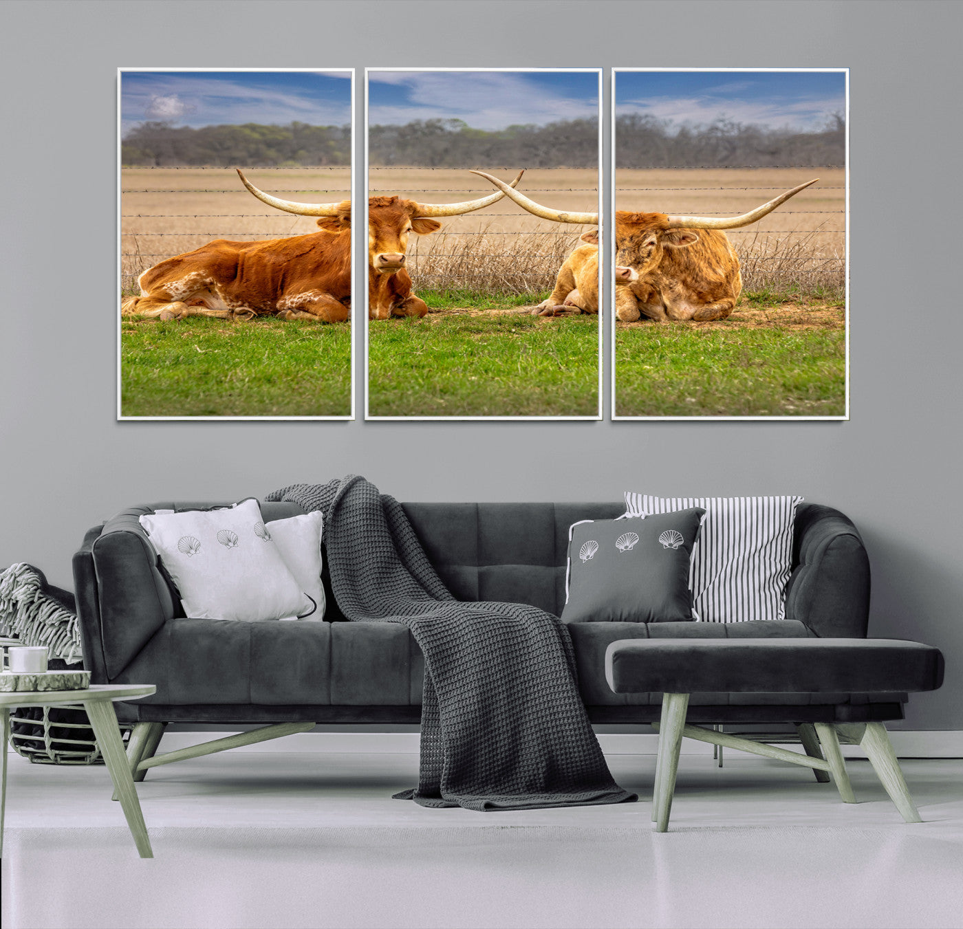 MGV-FC-60X30-3P - Texas Longhorn Pair Wall Art Canvas Print – Peaceful Rustic Ranch Scene with Two Cattle in Field,