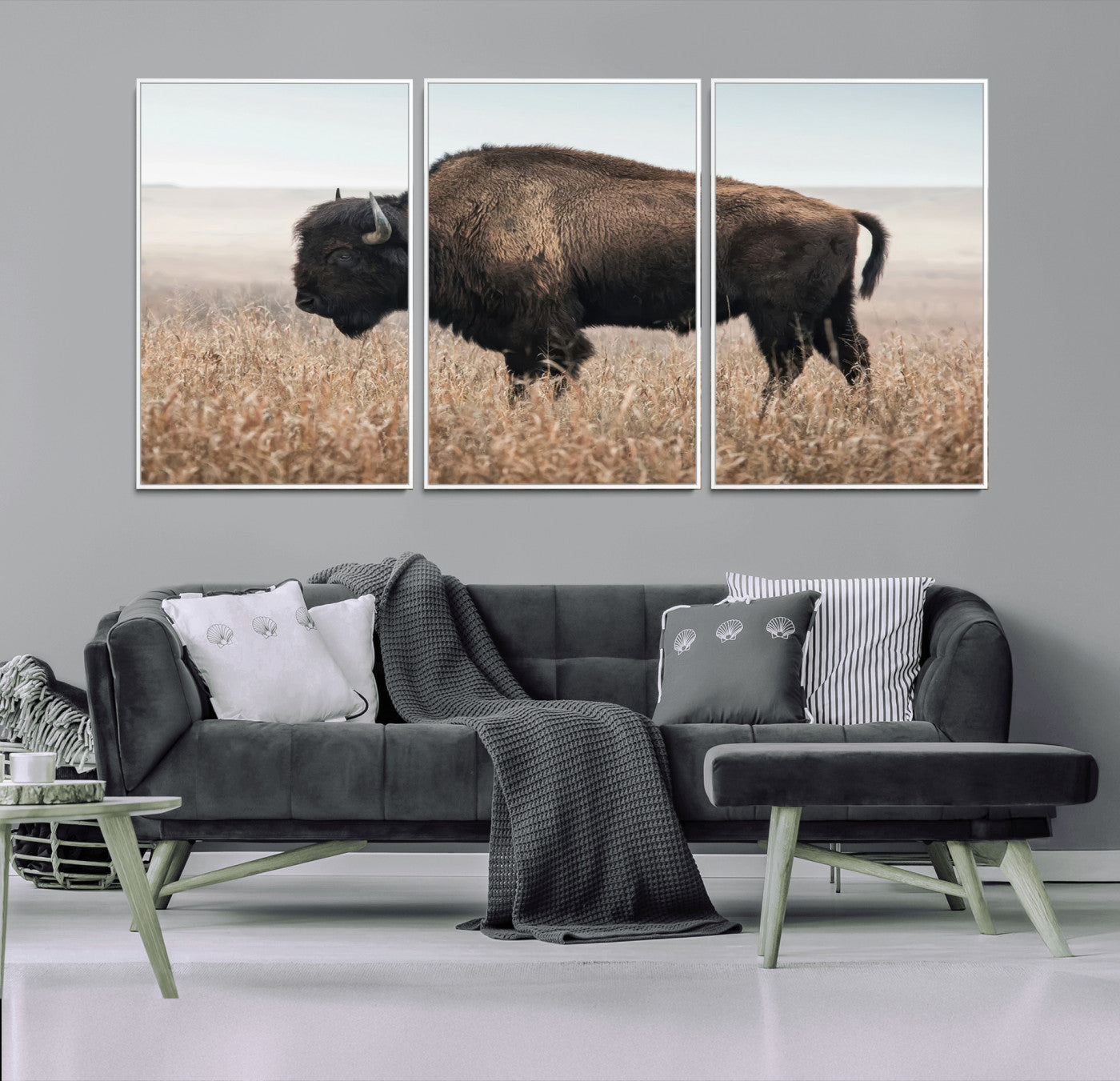 MGV-FC-60X30-3P - American Bison in Field  Wall Art Canvas Print – Powerful Winter Wildlife Scene with Buffalo in