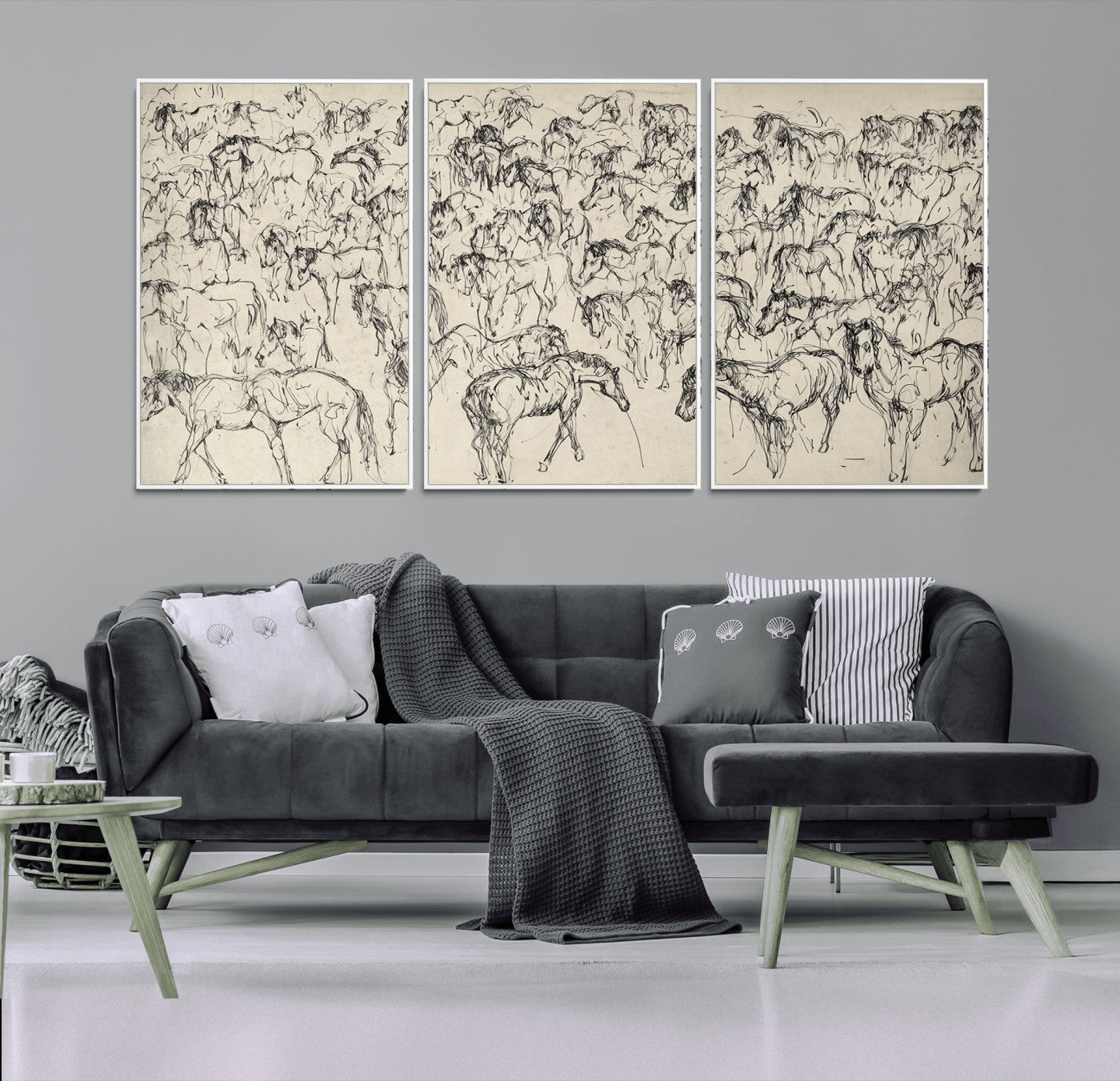 86653927-MGV-CV-36X24-Wild Horse Stampede Wall Art Canvas Print – Monochrome Running Horses Dynamic Motion Elegant Artwork for Home, Office