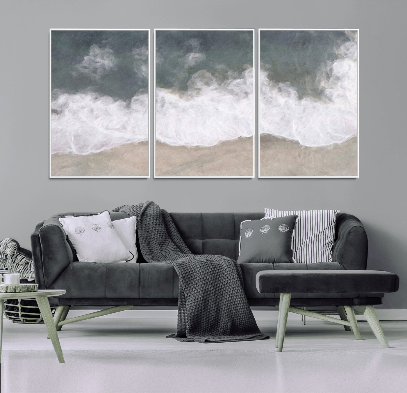 Wall art canvas print featuring foamy ocean waves softly rolling onto a sandy shore with a dreamy, painterly texture.