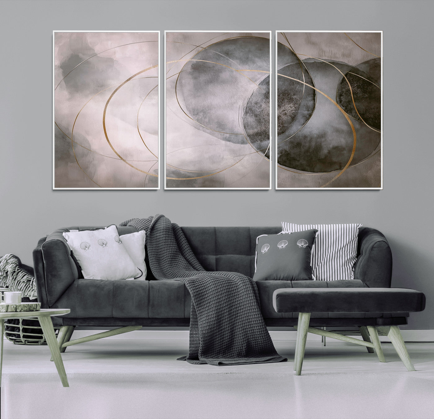 MGV-FC-60X30-3P - Wall Art Canvas Print Abstract Gray Black Gold Circles Soft Texture Modern Minimalist Artistic Home Decor Contemporary Elegant Stylish Unique