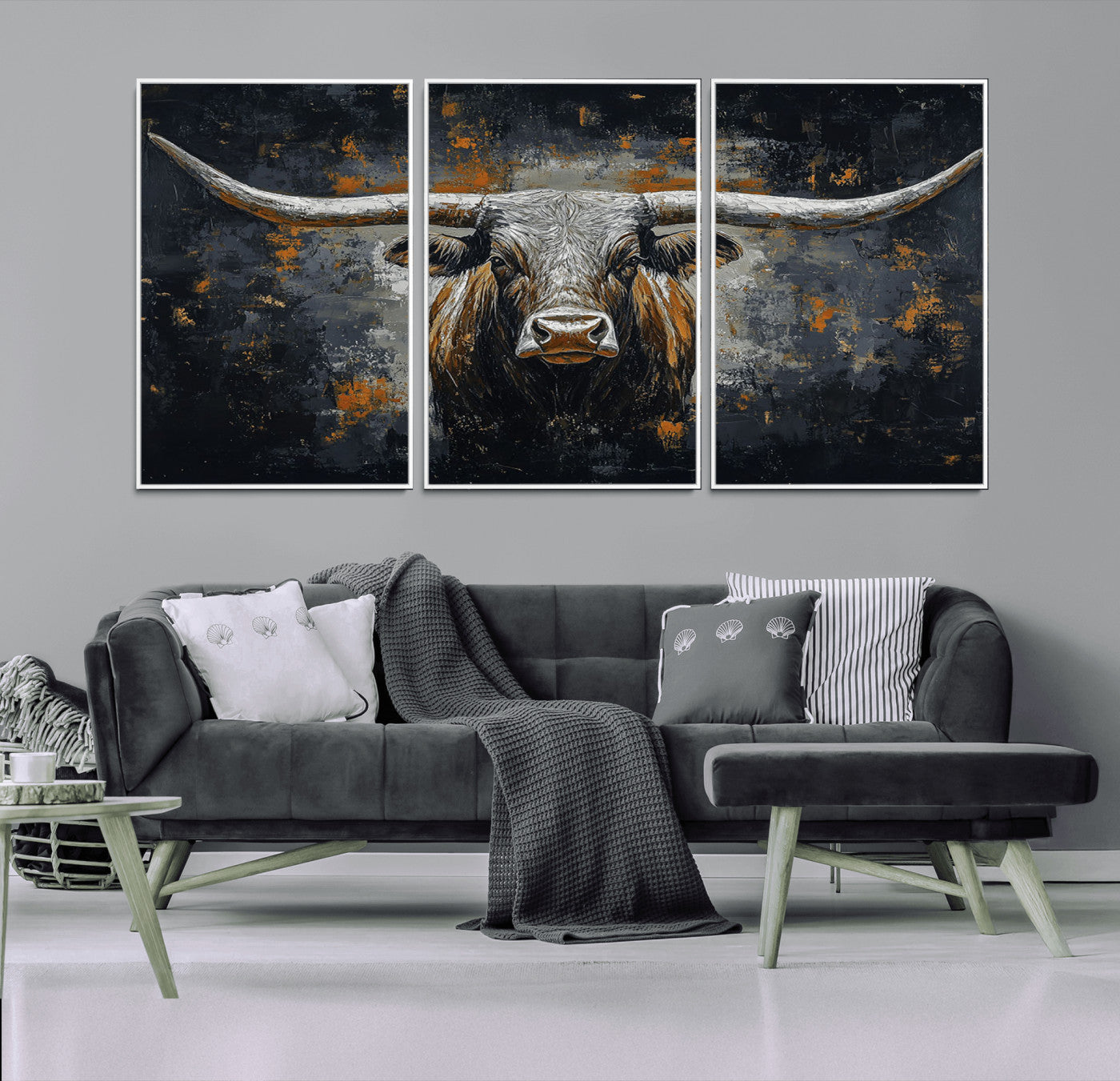 93195031-MGV-FC-60X30-3P_White-Rustic Longhorn Bull Wall Art Canvas Print – Vintage Western Cattle Scene, Texas Steer Artwork for Home, Office