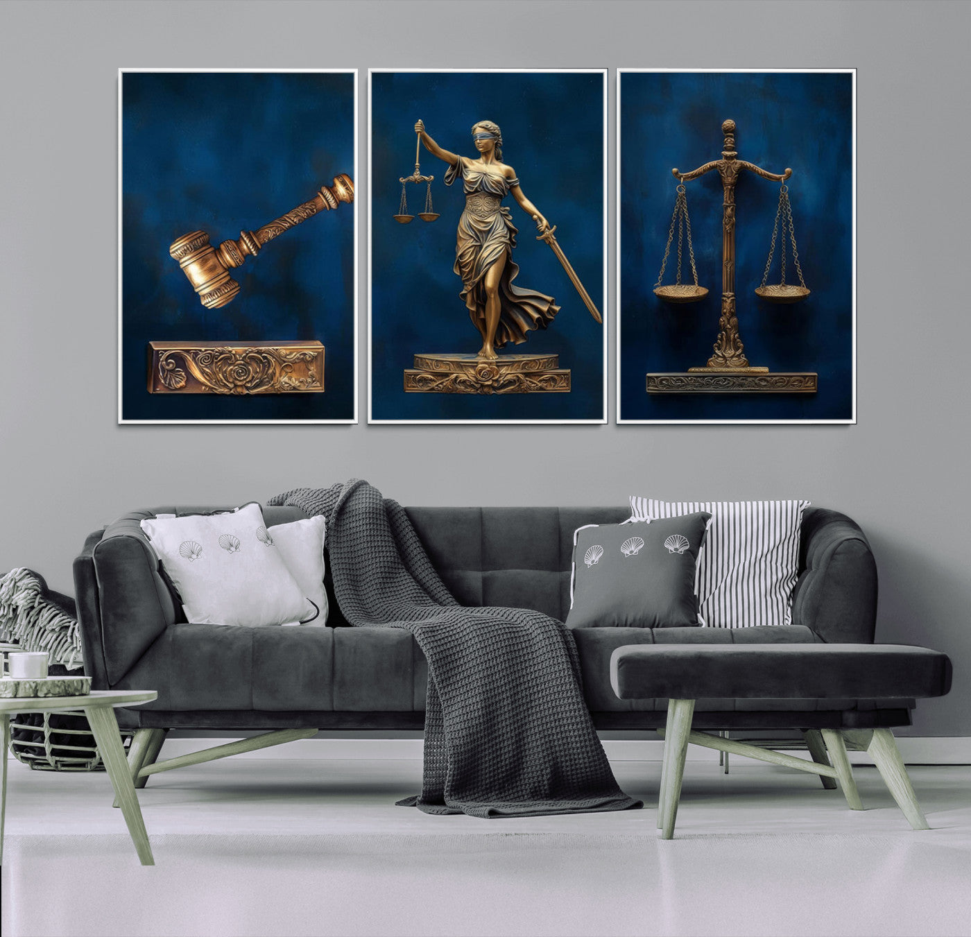 91629053-MGV-CV-36X24-Lady Justice Wall Art Canvas Print – Elegant Gold Legal Symbols Blue Background Artwork for Home, Office, Living Room