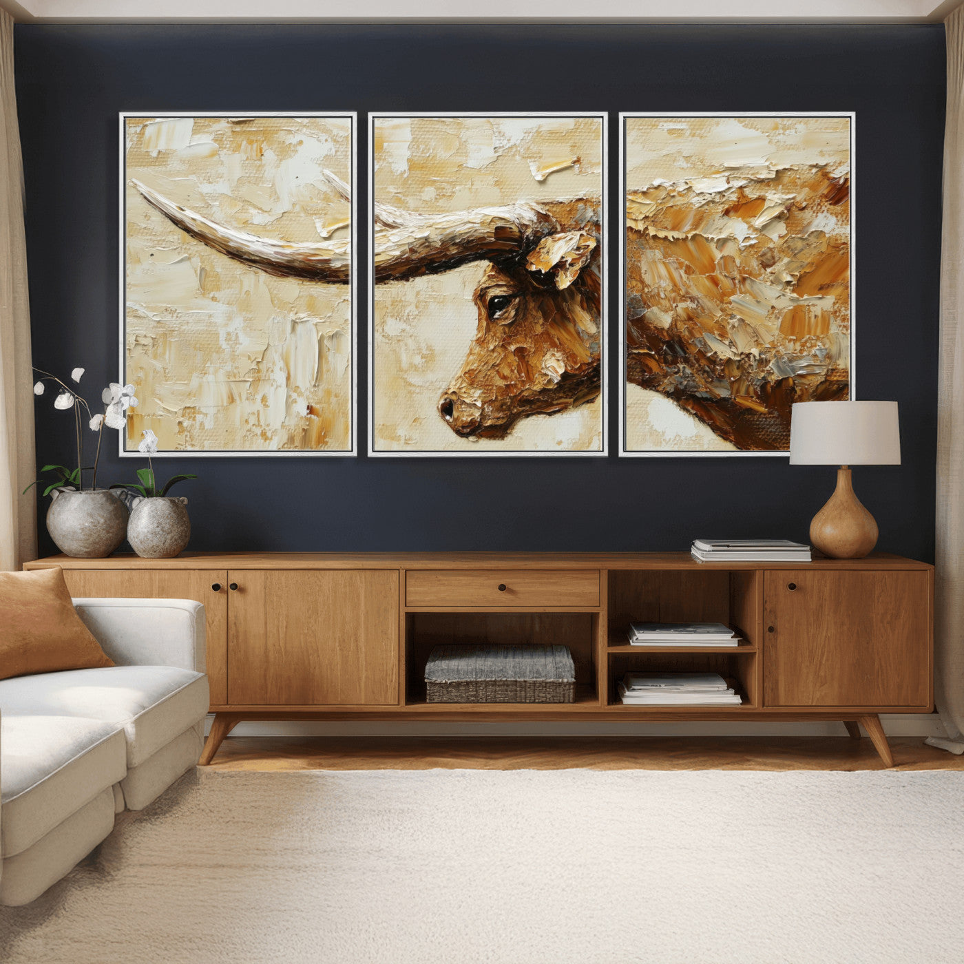 69611428-MGV-CV-36X24 - Rustic Longhorn Bull Wall Art Canvas Print – Vintage Western Cattle Painting, Texas Abstract Wall Cow Prints