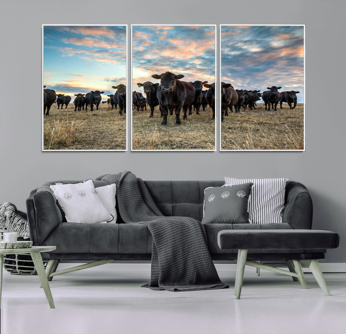 MGV-FC-60X30-3P - Texas Longhorn Cattle Wall Art Canvas Print – Rustic Western Ranch Scene with Steers at Sunset,