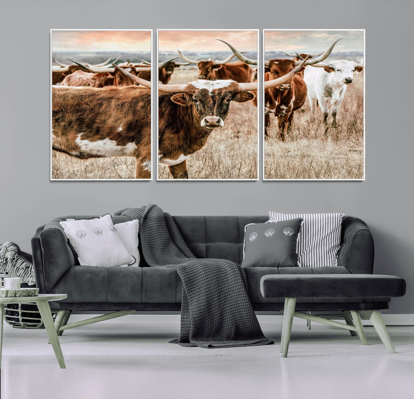 MGV-FC-60X30-3P - Texas Longhorn Cattle Wall Art Canvas Print – Rustic Western Ranch Scene with Steers at Sunset,