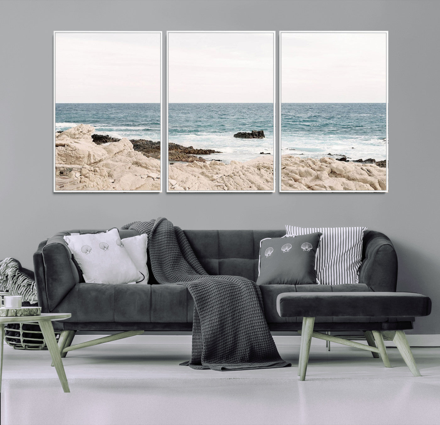 25481980-MGV-FC-60X30-3P_White-Coastal Ocean View Wall Art Canvas Print – Serene Rocky Shoreline and Blue Sea Photography for Coastal Chic or Minimalist Home Decor