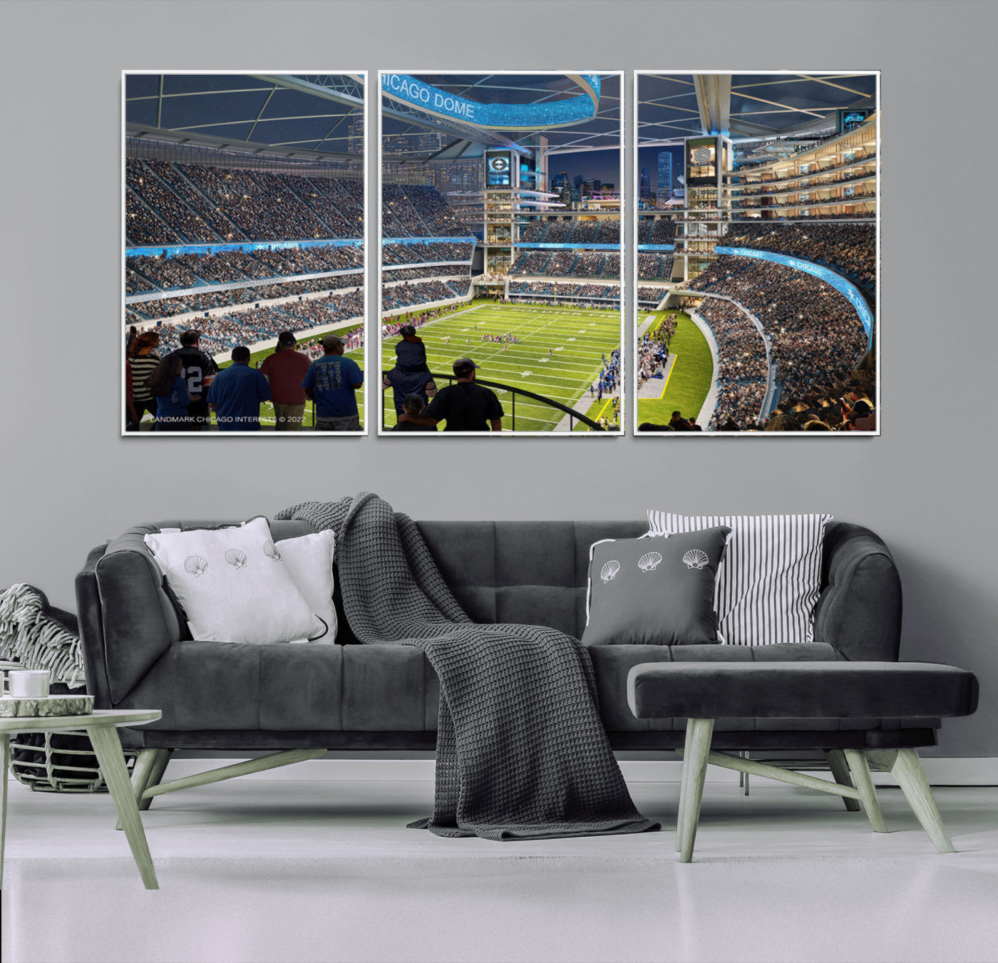 41816511-MGV-FC-60X30-3P_White-Chicago Dome Stadium Wall Art Canvas Print – Framed Modern Football Arena City Skyline Artwork for Home, Office