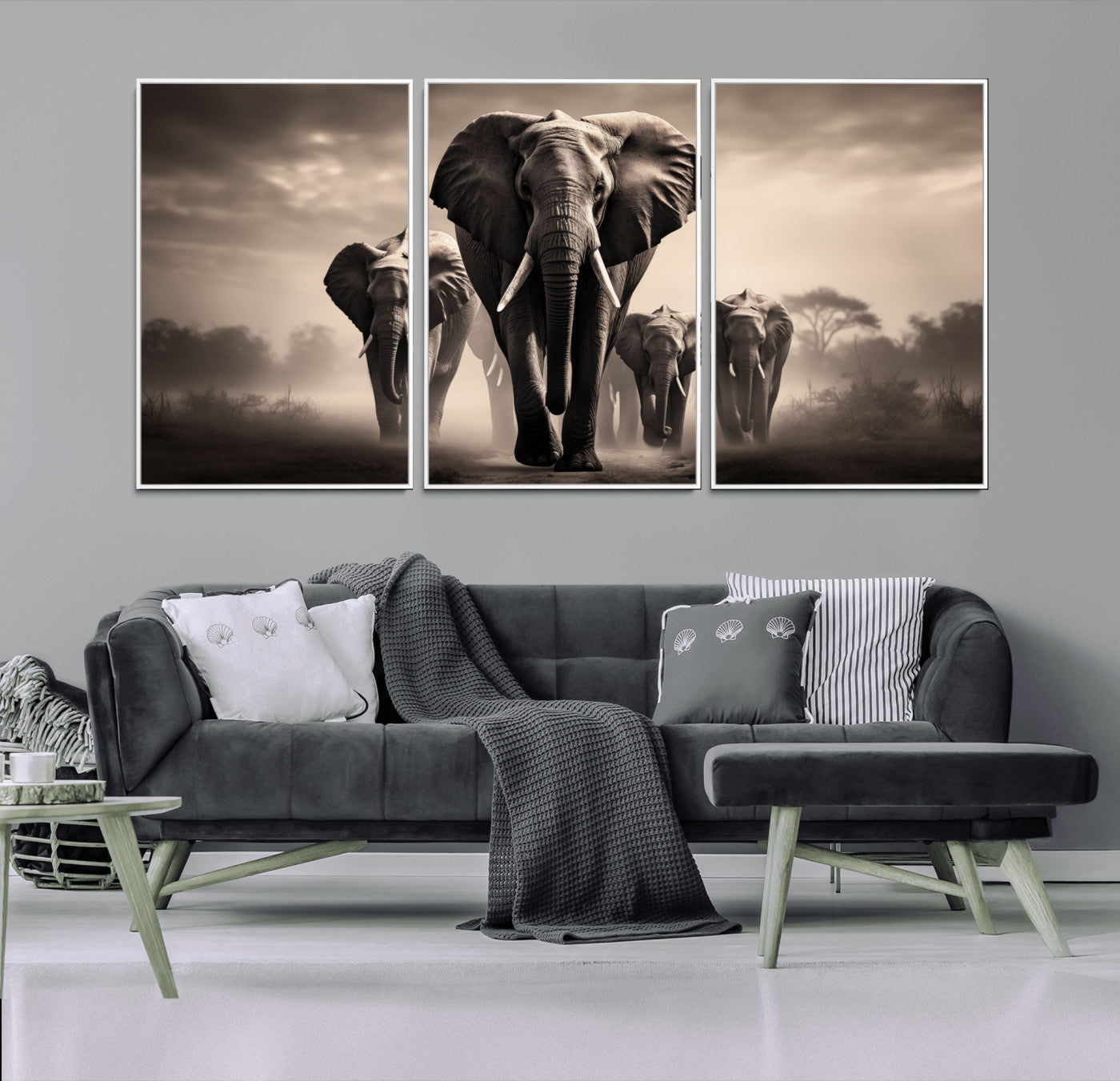 48598F10-MGV-FC-60X30-3P_White-Elephant Family Wall Art Canvas Print, Framed Elephant Wall Art Home Decor