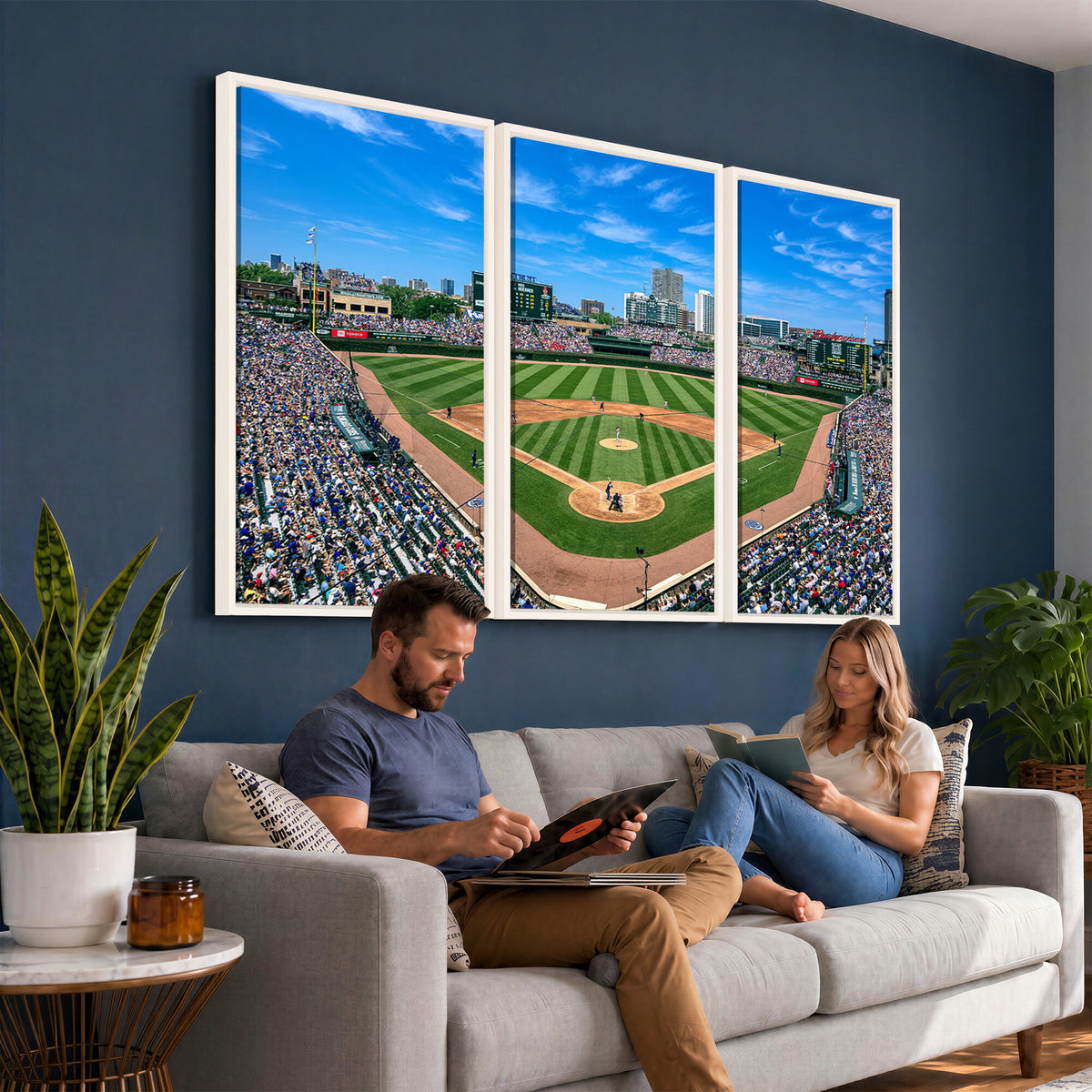 35800083-MGV-CV-36X24 - Wrigley Field Baseball Stadium Canvas Wall Art – Packed Crowd Sports Stadium City Skyline Artwork for Home Office