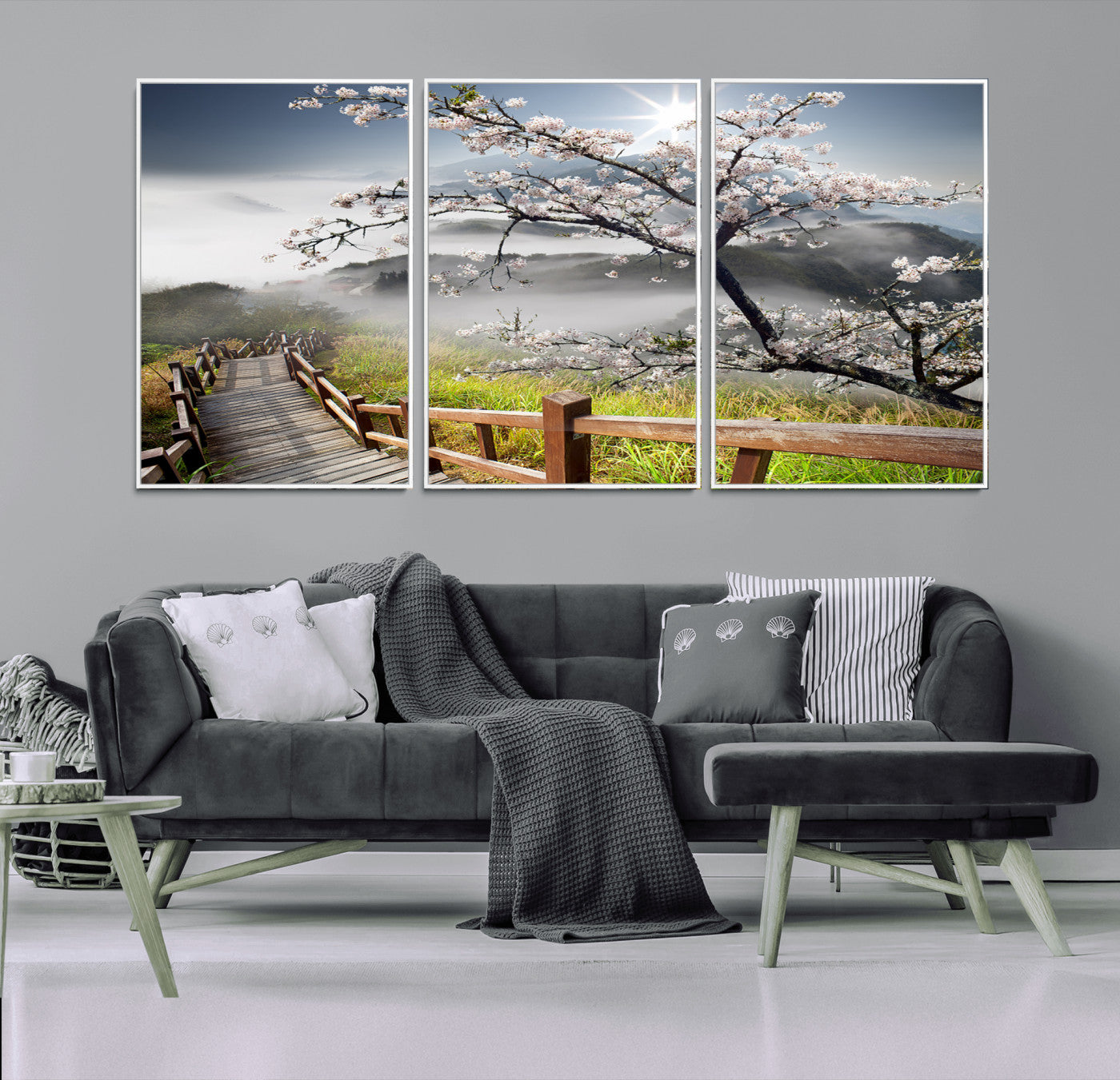 34632598CRY-MGV-FC-60X30-3P_White-Sakura Cherry Blossom Pathway Canvas Wall Art – Tranquil Walk Through Blossoming Nature – Ready to Hang