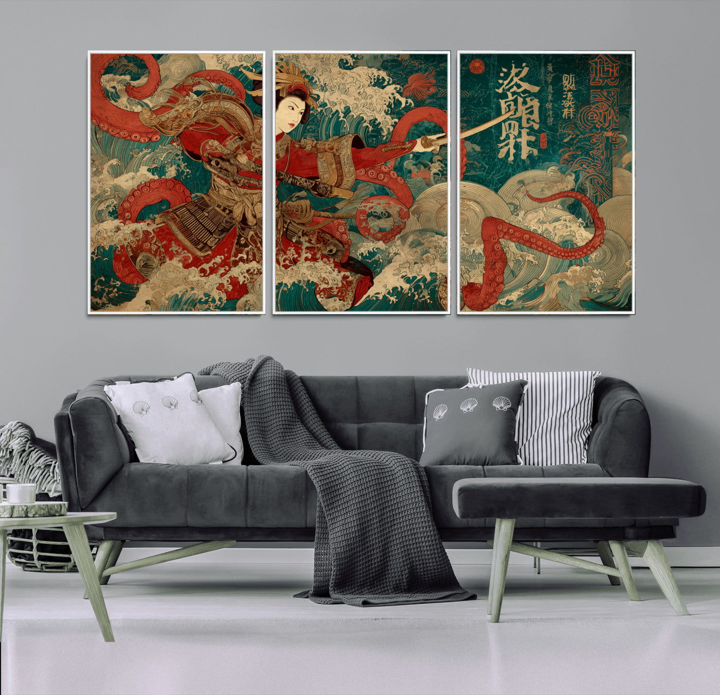 MGV-FC-60X30-3P - Tsukioka Yoshitoshi Samurai Wall Art Print, Japanese Katana Warrior Canvas Wall Art, Octopus Sea Monster Canvas Print,