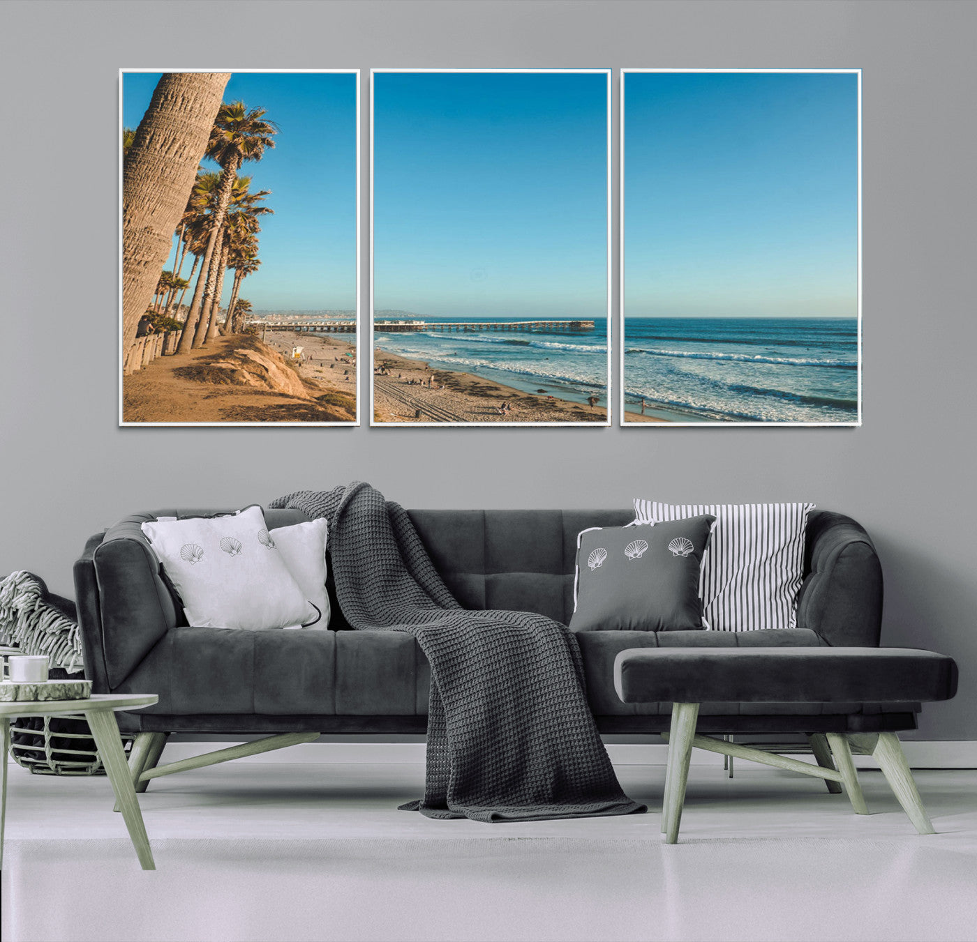 92568259-MGV-FC-60X30-3P_White-Scenic Beach Wall Art Canvas Print – Tall Palm Trees, Sandy Shore, Long Pier Stretching into Calm Ocean Artwork for Home, Office