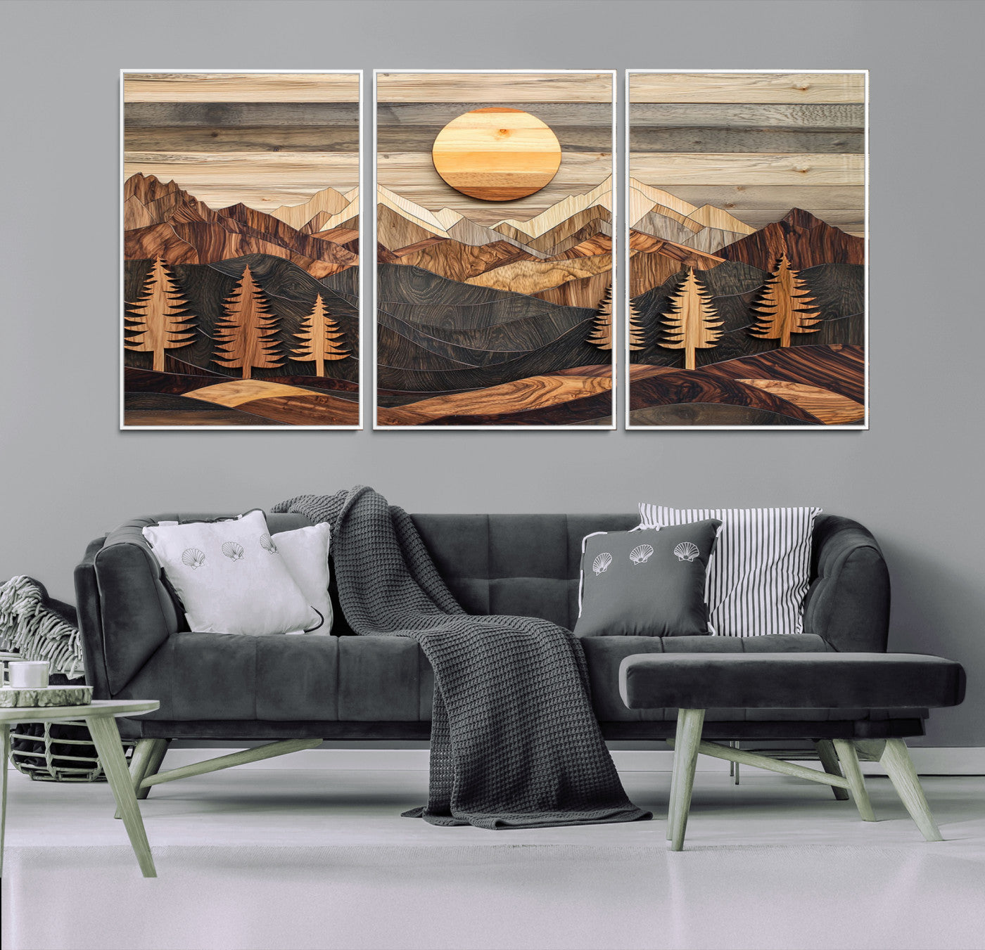 19832326-MGV-FC-60X30-3P_White-Wooden Mountain Layers Wall Art – Rustic Pine Tree Landscape Canvas Artwork, Sunlight Nature Design for Home, Office