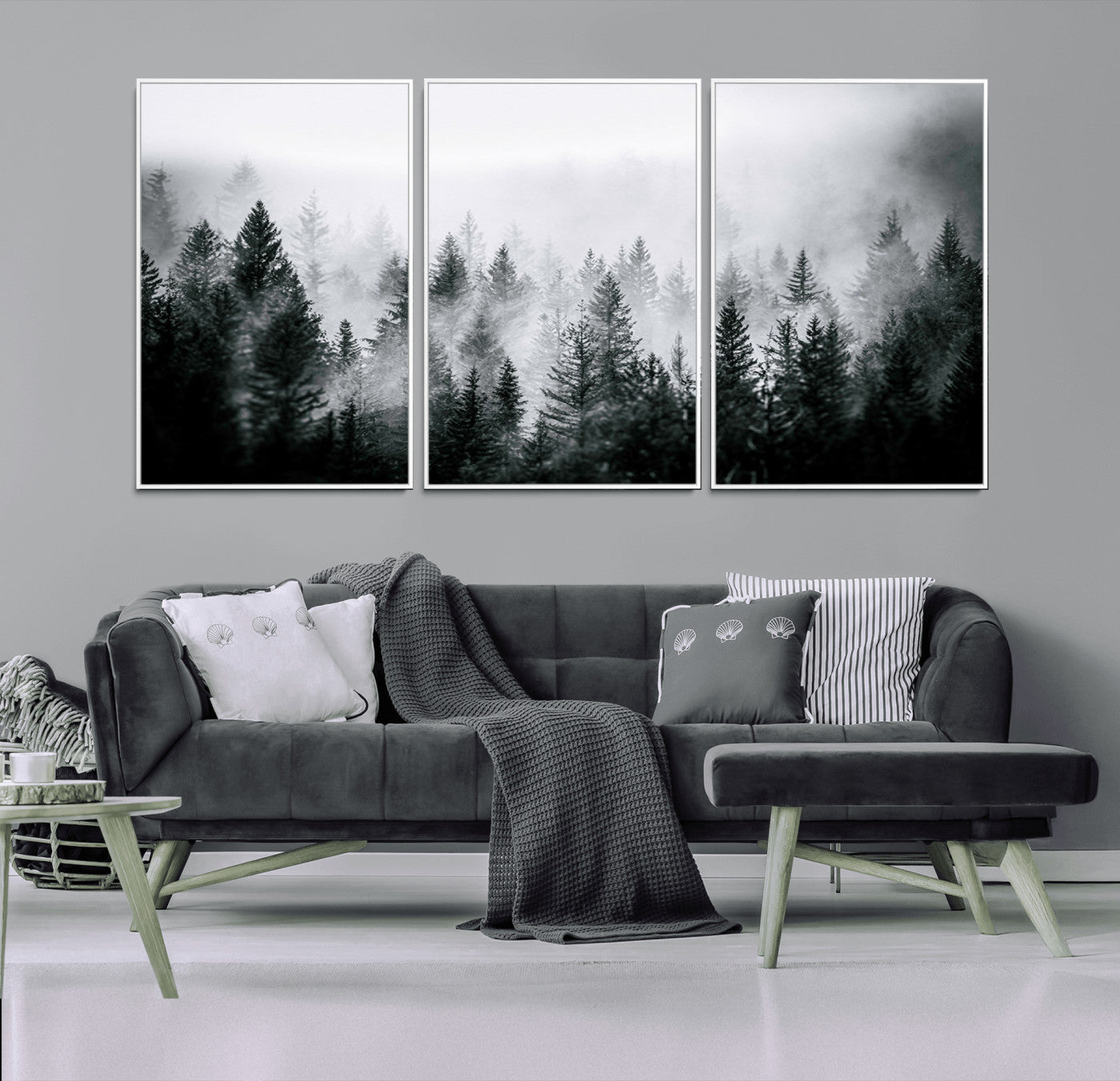 Horizontal black and white canvas wall art of foggy pine forest landscape for modern and rustic home decor