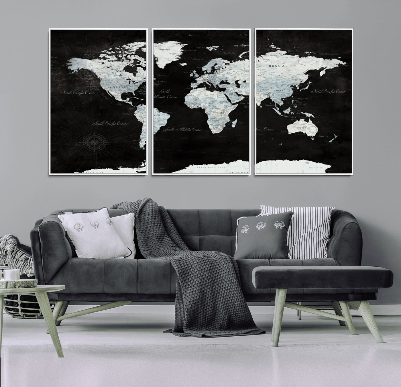 30759283-MGV-FC-60X30-3P - World Map Wall Art Canvas Print, Modern Decorative Framed Map Artwork Prints for Living Room, Office, Bedroom Wall Decor