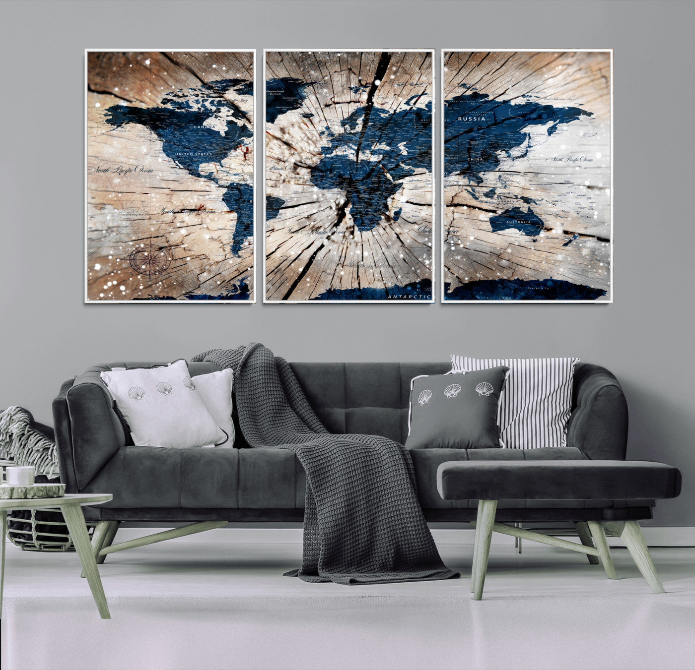 99001695-MGV-FC-60X30-3P - World Map Wall Art Canvas Print, Modern Decorative Framed Map Artwork Prints for Living Room, Office, Bedroom Wall Decor