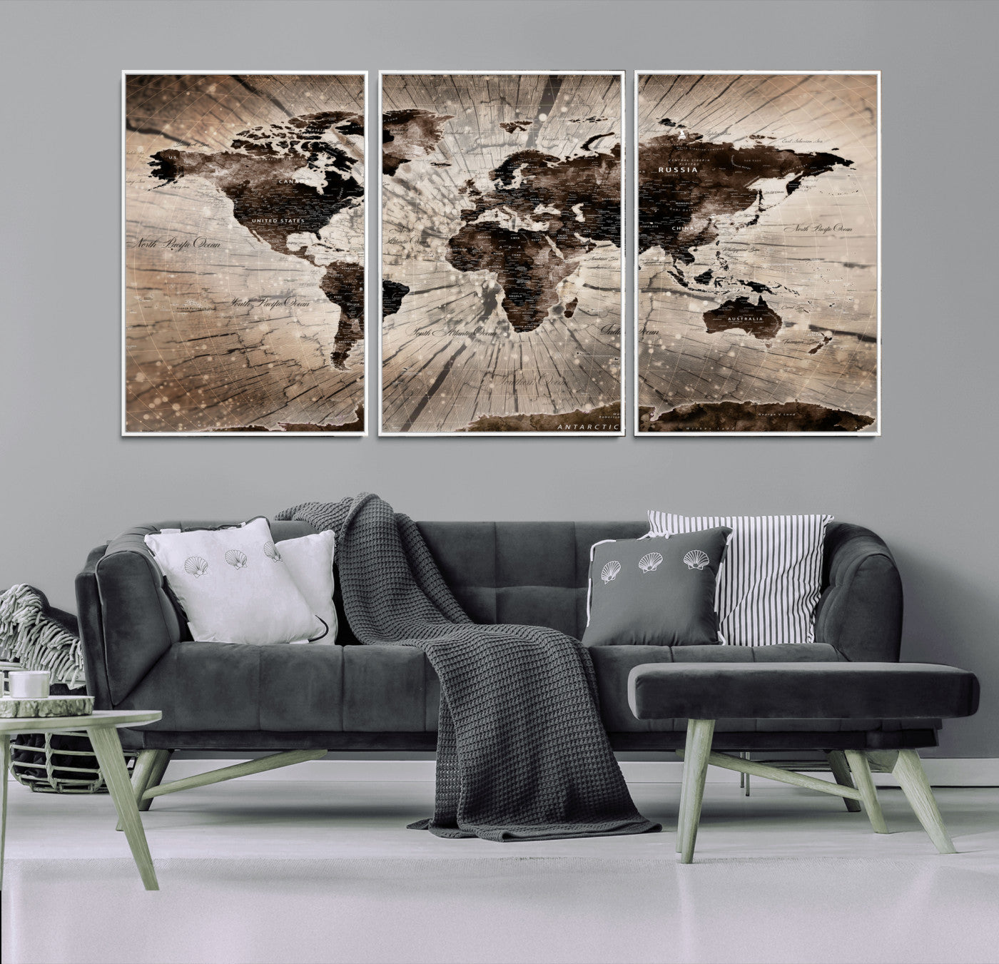 35326624-MGV-FC-60X30-3P - World Map Wall Art Canvas Print, Modern Decorative Framed Map Artwork Prints for Living Room, Office, Bedroom Wall Decor