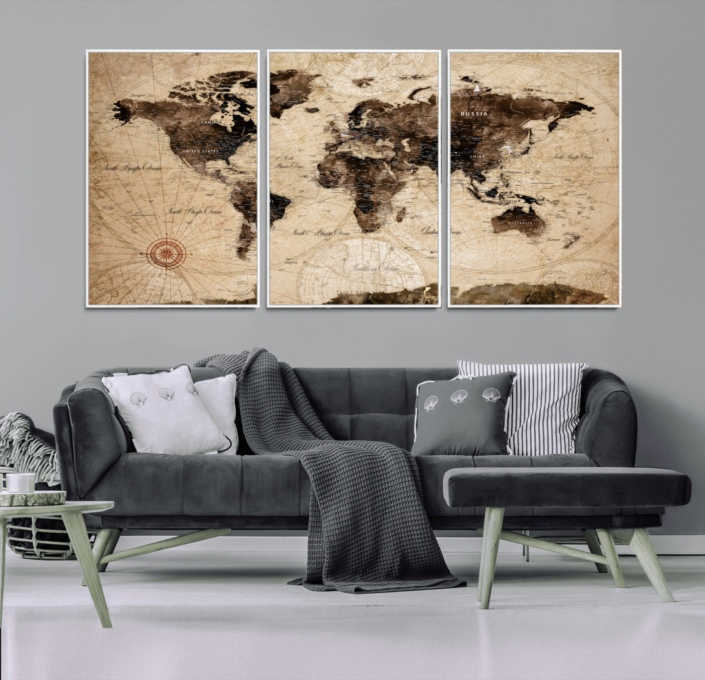 97114757-MGV-FC-60X30-3P - Vintage World Map Wall Art Canvas Print, Modern Decorative Framed Map Artwork Prints for Living Room, Office, Bedroom Wall Decor
