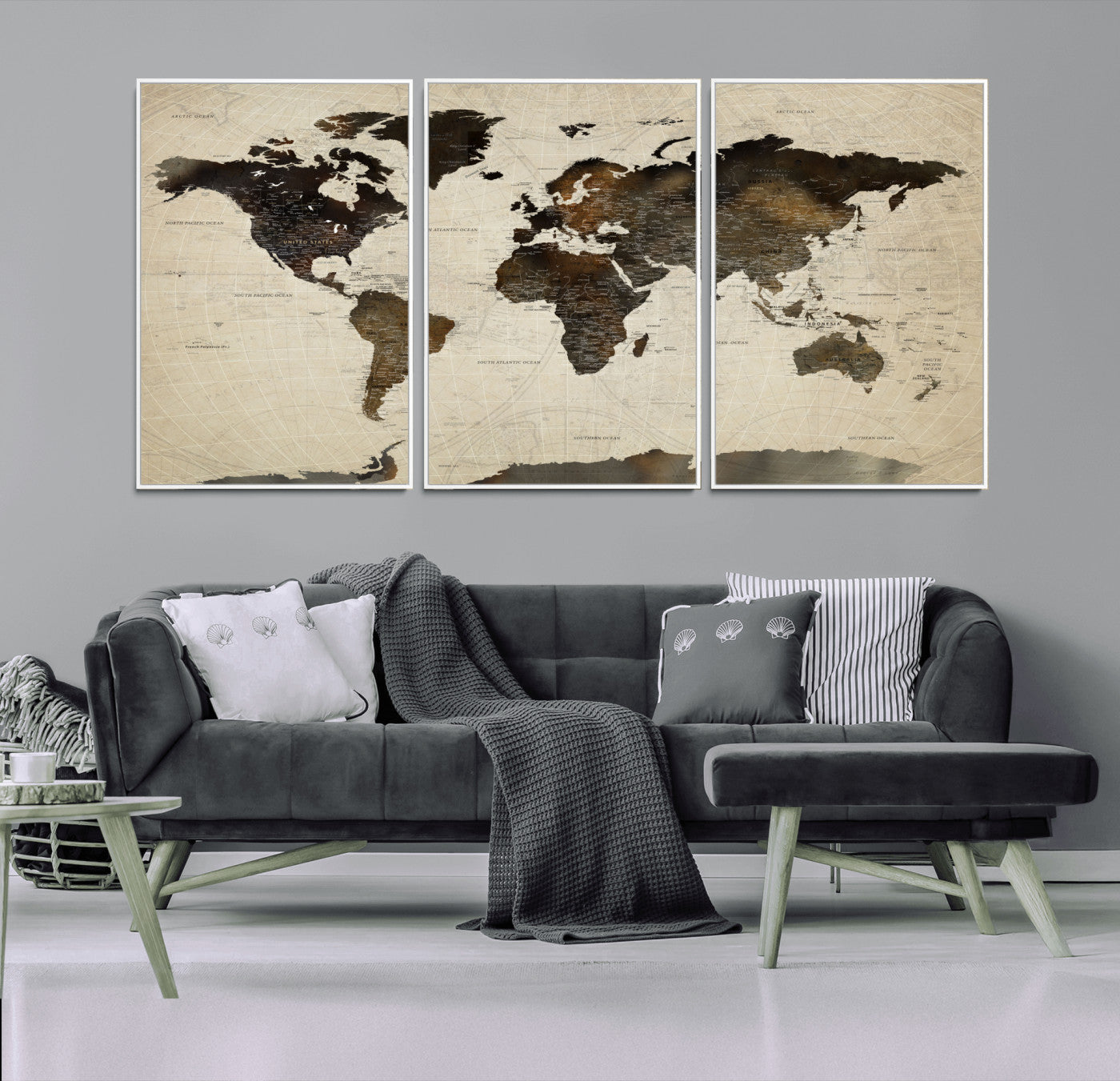 81771296-MGV-FC-60X30-3P - World Map Wall Art Canvas Print, Modern Decorative Framed Map Artwork Prints for Living Room, Office, Bedroom Wall Decor