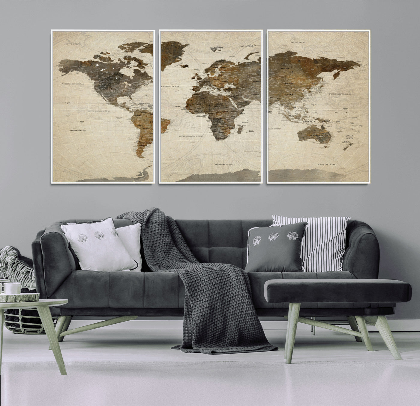 91849163-MGV-FC-60X30-3P - World Map Wall Art Canvas Print, Modern Decorative Framed Map Artwork Prints for Living Room, Office, Bedroom Wall Decor