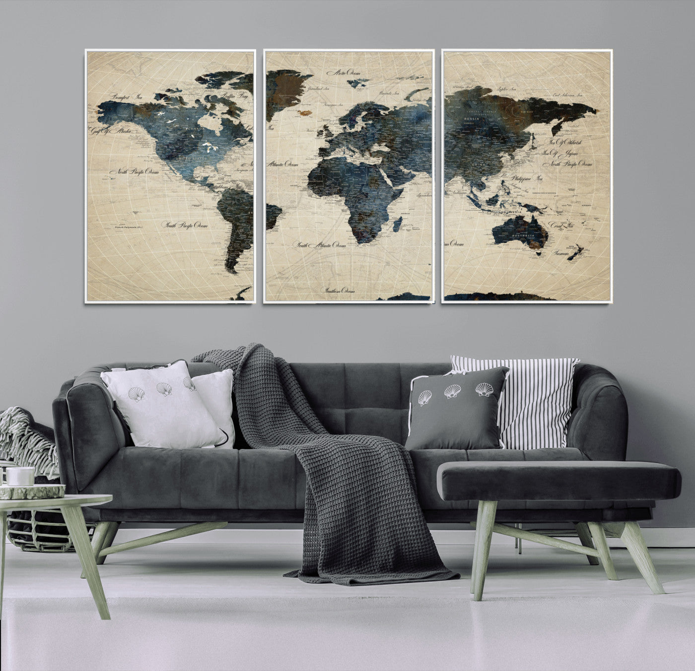 33438443-MGV-FC-60X30-3P - World Map Wall Art Canvas Print, Modern Decorative Framed Map Artwork Prints for Living Room, Office, Bedroom Wall Decor