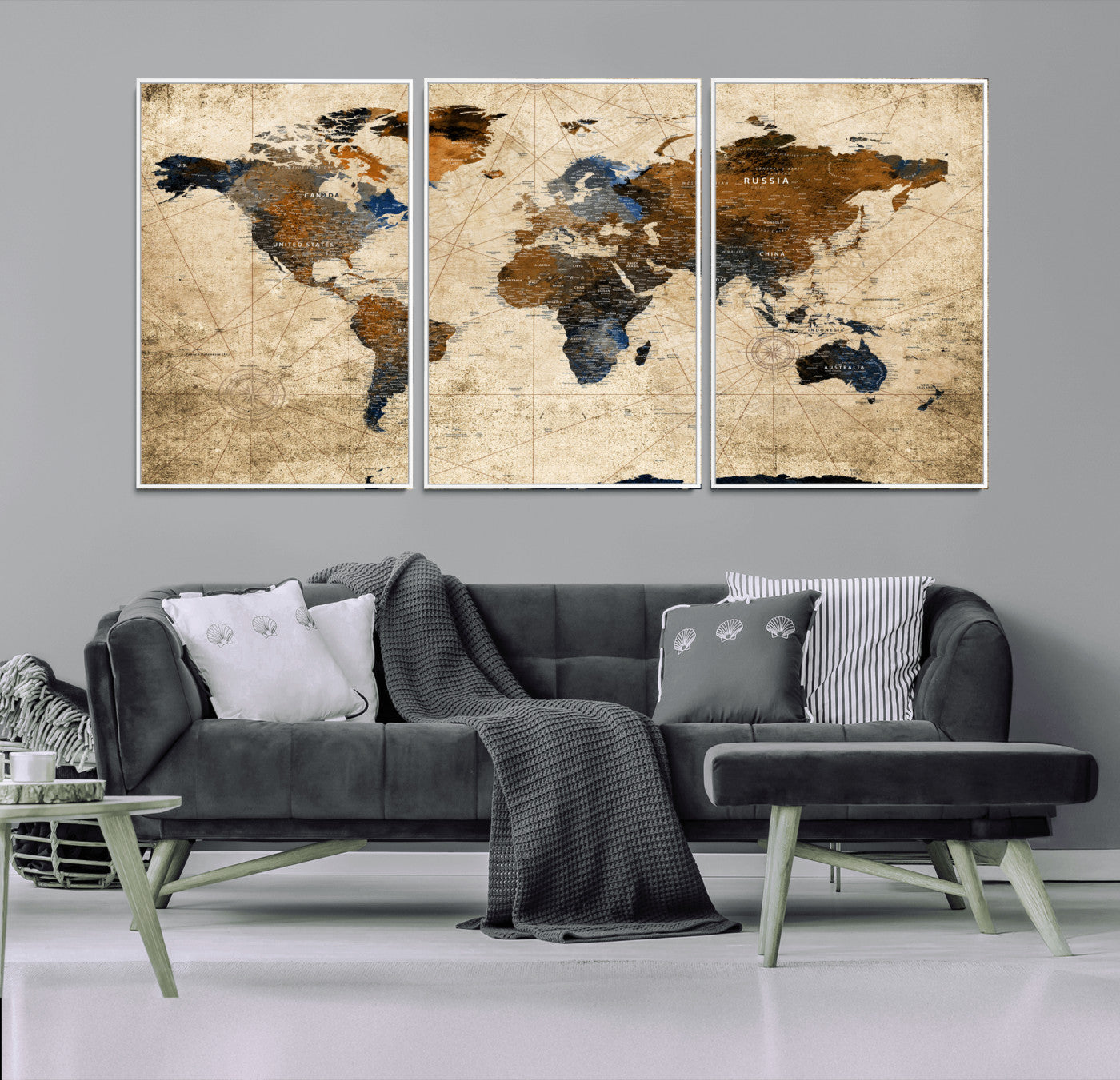 56297284-MGV-FC-60X30-3P - World Map Wall Art Canvas Print, Modern Decorative Framed Map Artwork Prints for Living Room, Office, Bedroom Wall Decor