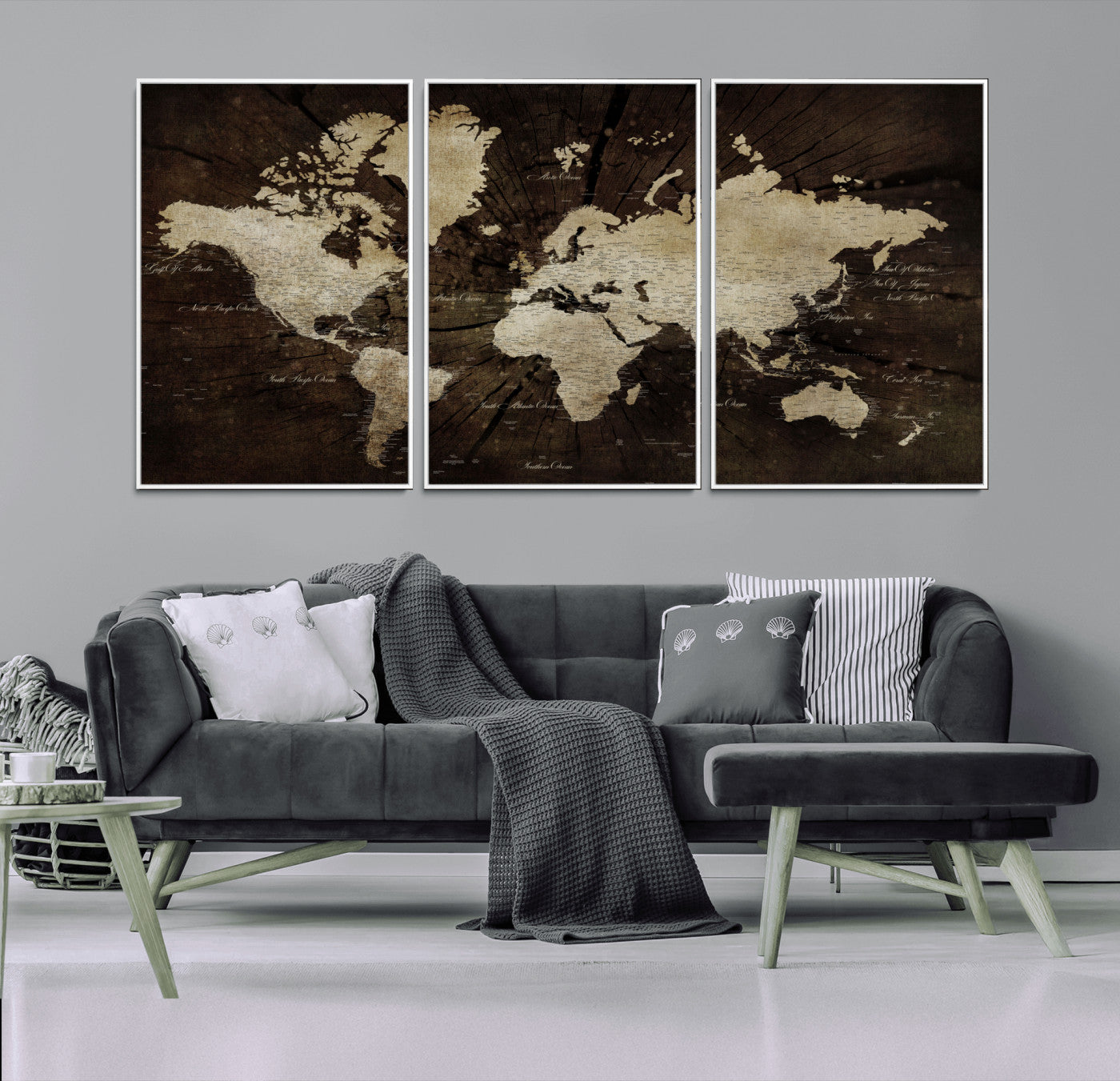24010397-MGV-FC-60X30-3P - World Map Wall Art Canvas Print, Modern Decorative Framed Map Artwork Prints for Living Room, Office, Bedroom Wall Decor
