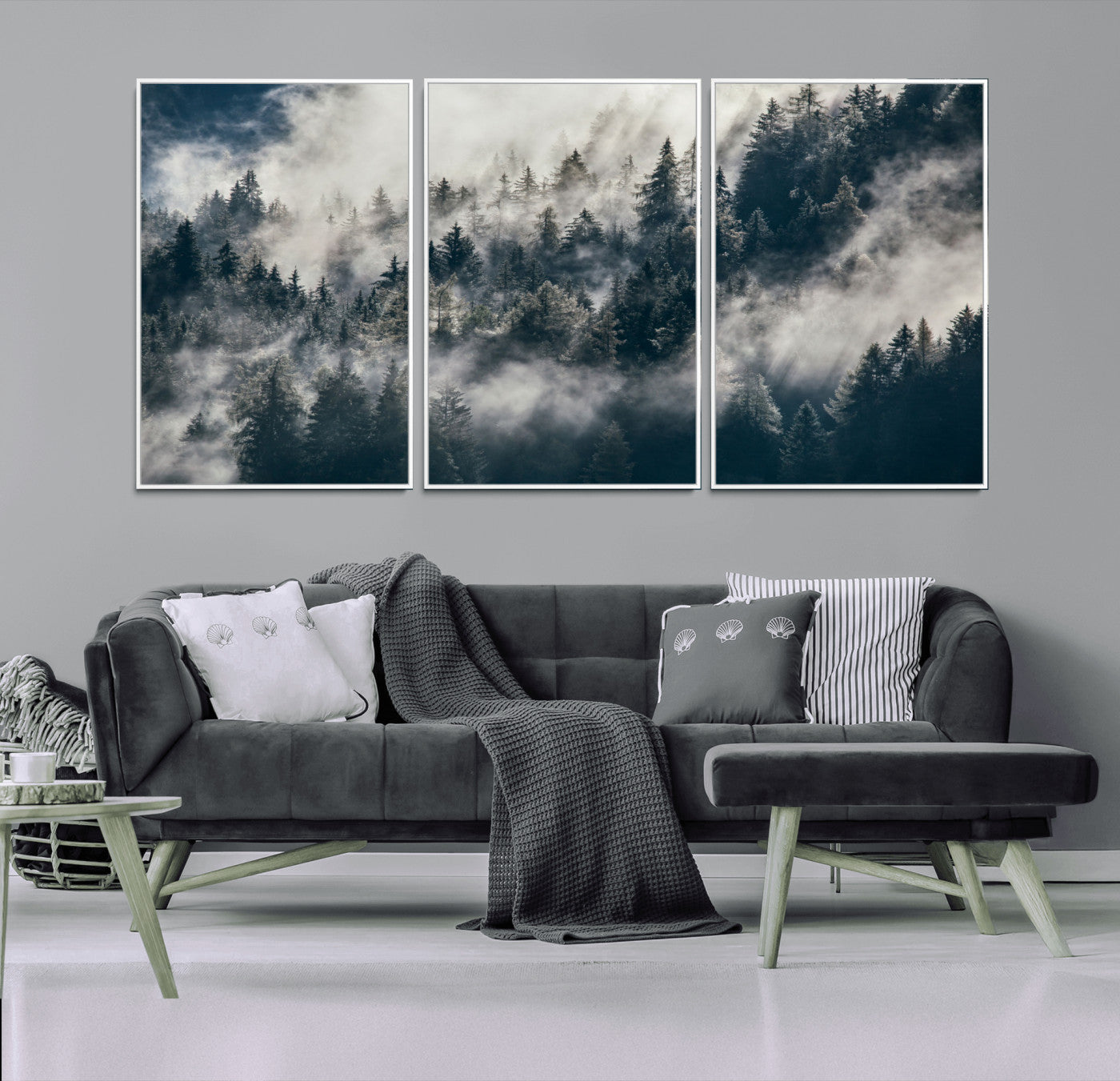 270372951-MGV-FC-60X30-3P - Misty Pine Forest Canvas Wall Art – Dark Forest Mountaing and Nature Landscape Print, Horizontal Canvas Print