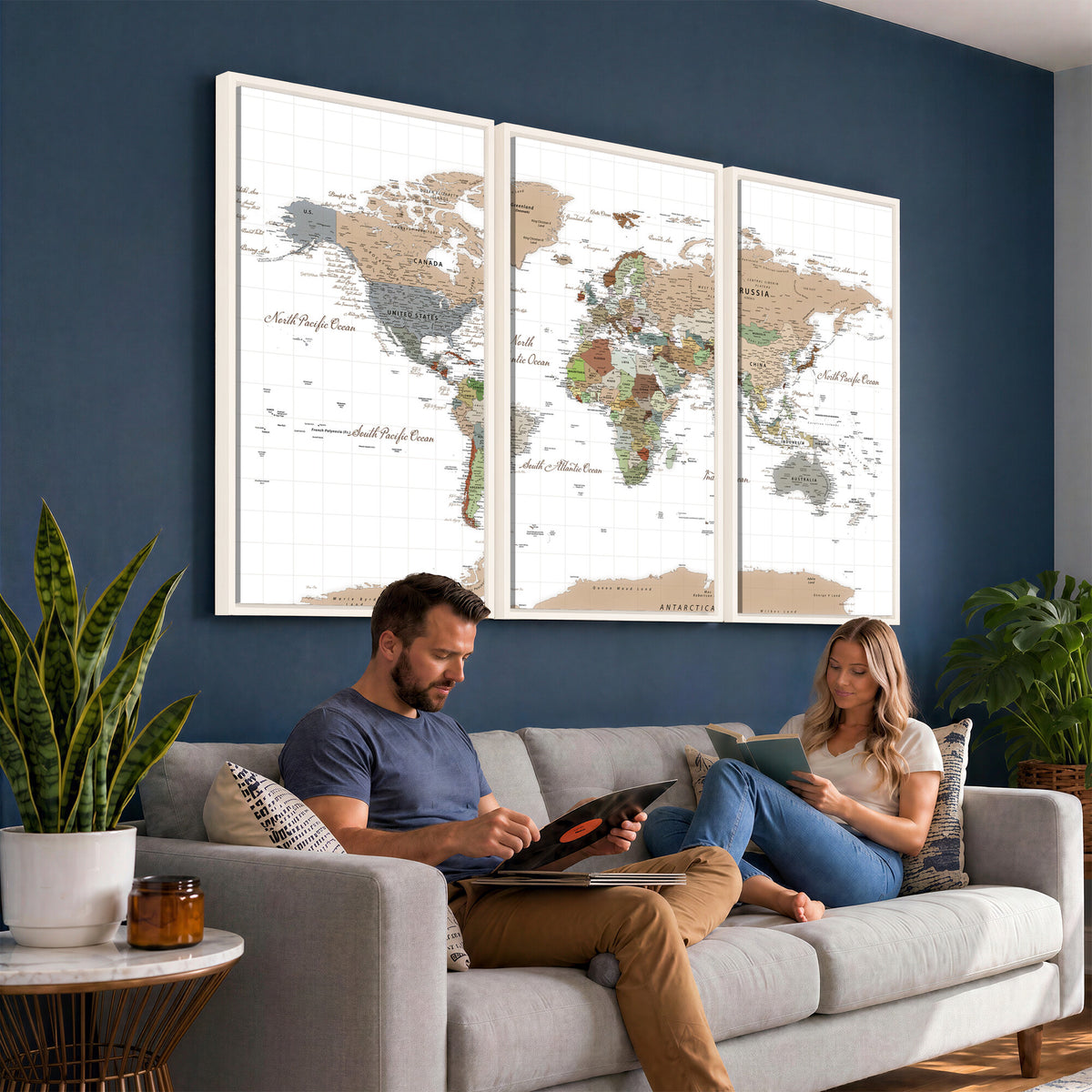 91286788-MGV-CV-36X24 - World Map Wall Art Canvas Print, Modern Decorative Framed Map Artwork Prints for Living Room, Office, Bedroom Wall Decor