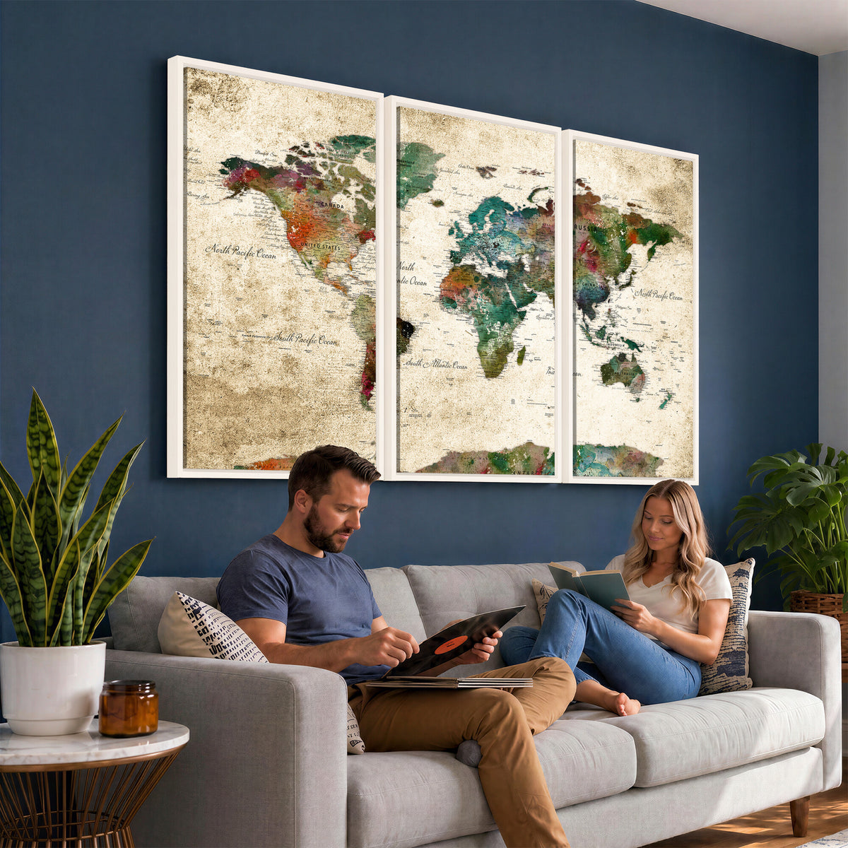 87544591-MGV-CV-36X24 - World Map Wall Art Canvas Print, Modern Decorative Framed Map Artwork Prints for Living Room, Office, Bedroom Wall Decor