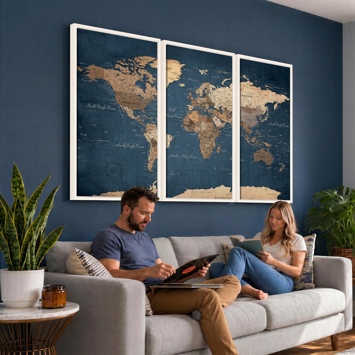 69886352-MGV-CV-36X24 - World Map Wall Art Canvas Print, Modern Decorative Framed Map Artwork Prints for Living Room, Office, Bedroom Wall Decor