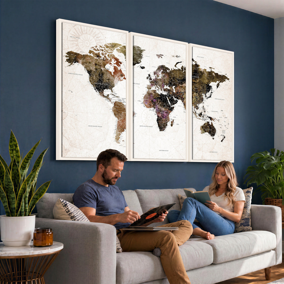77651968-MGV-CV-36X24 - Watercolor World Map Print - Large Wall Art Canvas Print for