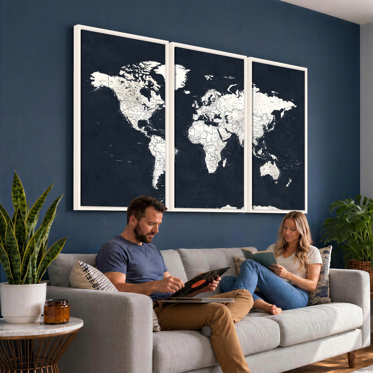 11963807-MGV-CV-36X24 - Black World Map Wall Art Canvas Print for Home Office and Meeting Room Decor