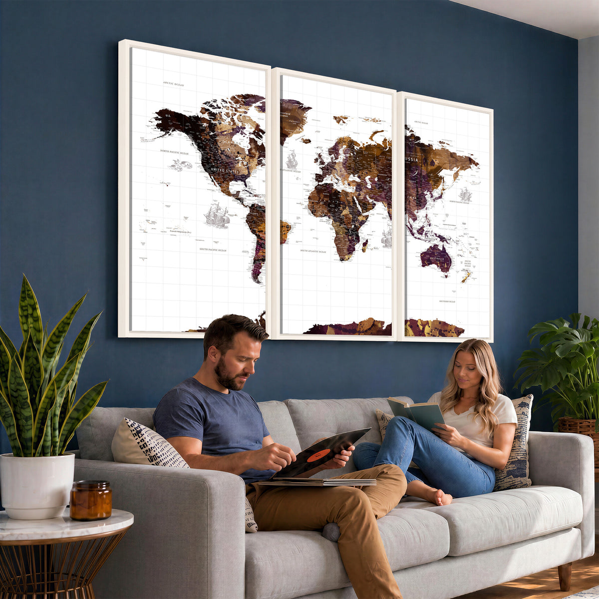 34792695-MGV-CV-36X24 - Rustic World Map Wall Art Canvas Print | Large Vintage Blue World Map on Wood Grain Style Background