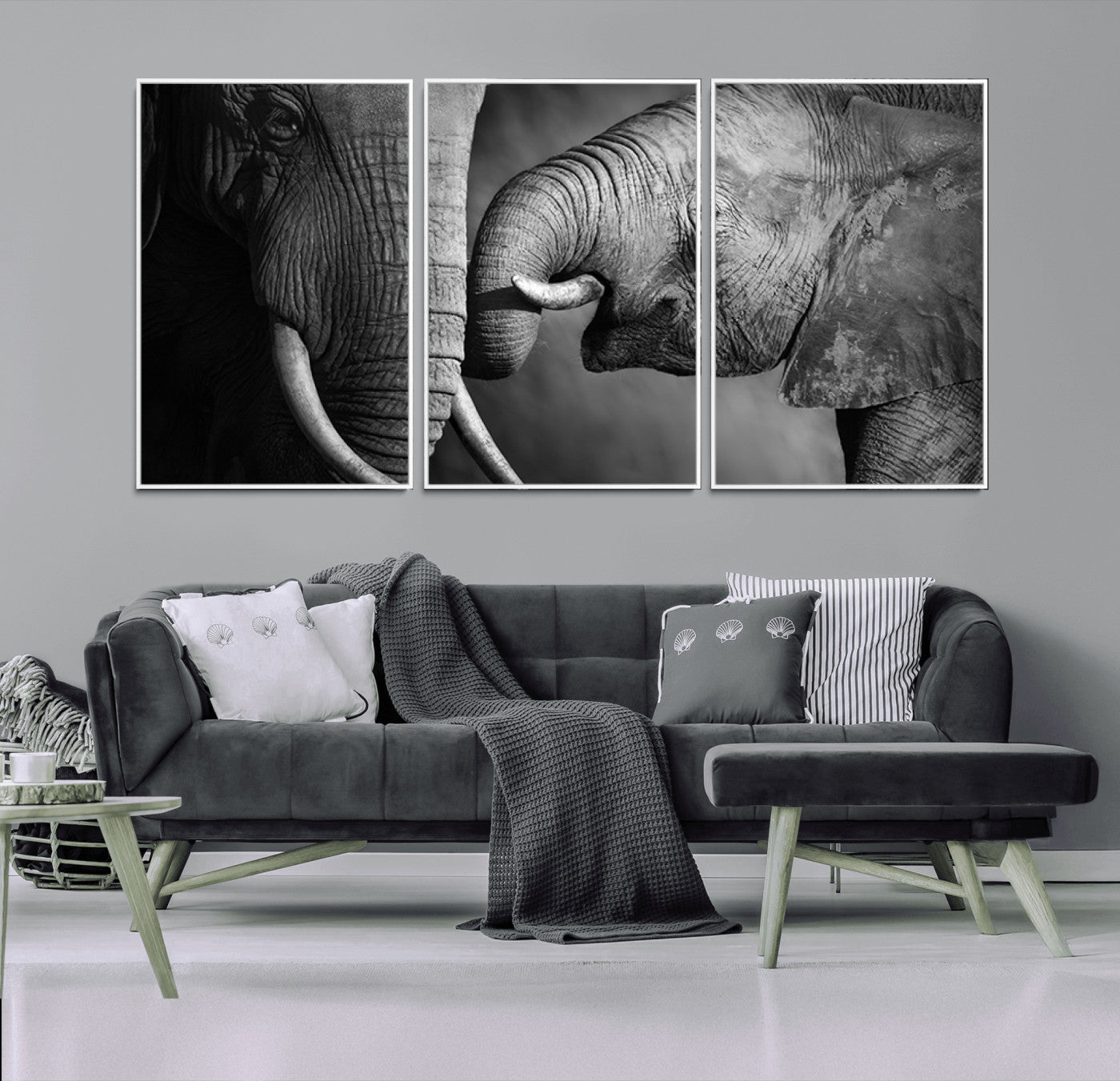42691-MGV-FC-60X30-3P_White-Elephant Family Wall Art Canvas, Framed Elephant Family Canvas Print