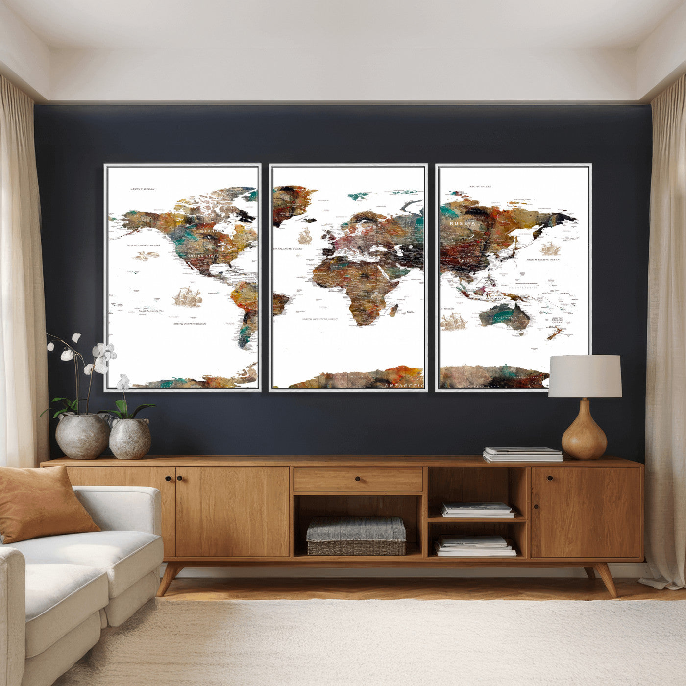 82293175-MGV-CV-36X24 - World Map Wall Art Canvas Print, Modern Decorative Framed Map Artwork Prints for Living Room, Office, Bedroom Wall Decor