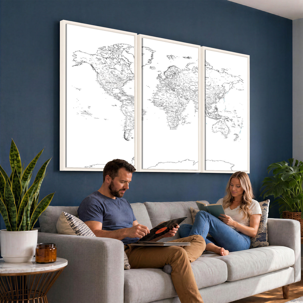 21002736-MGV-CV-36X24 - World Map Canvas Print, Framed Modern Detailed Map of the World for Home or Office