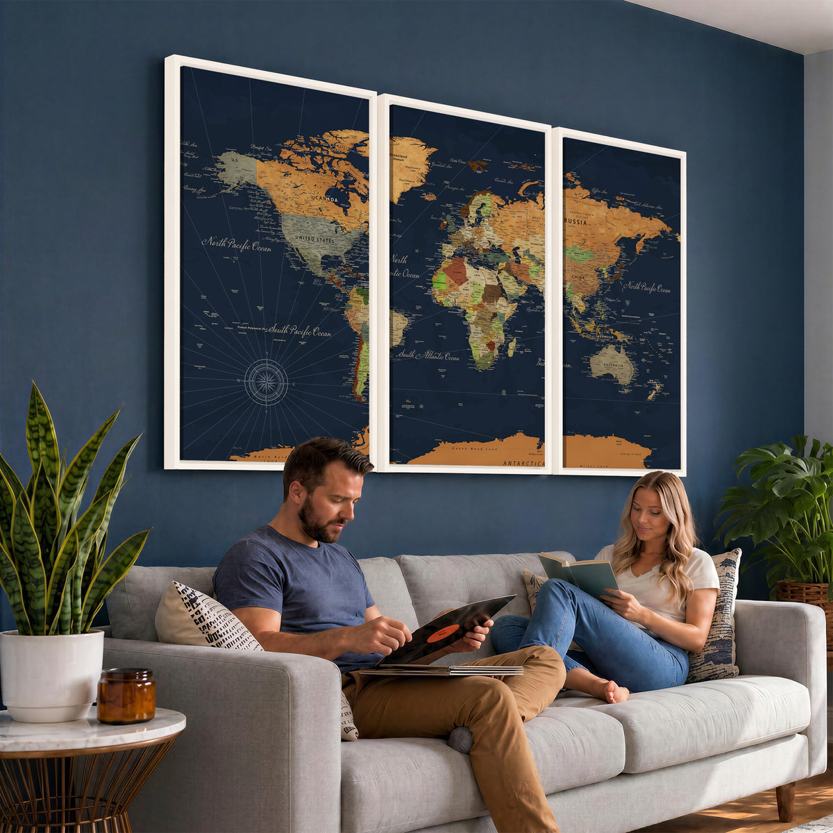 11715182-MGV-CV-36X24 - Modern World Map Canvas Print, Framed Detailed Map of the World Wall Art