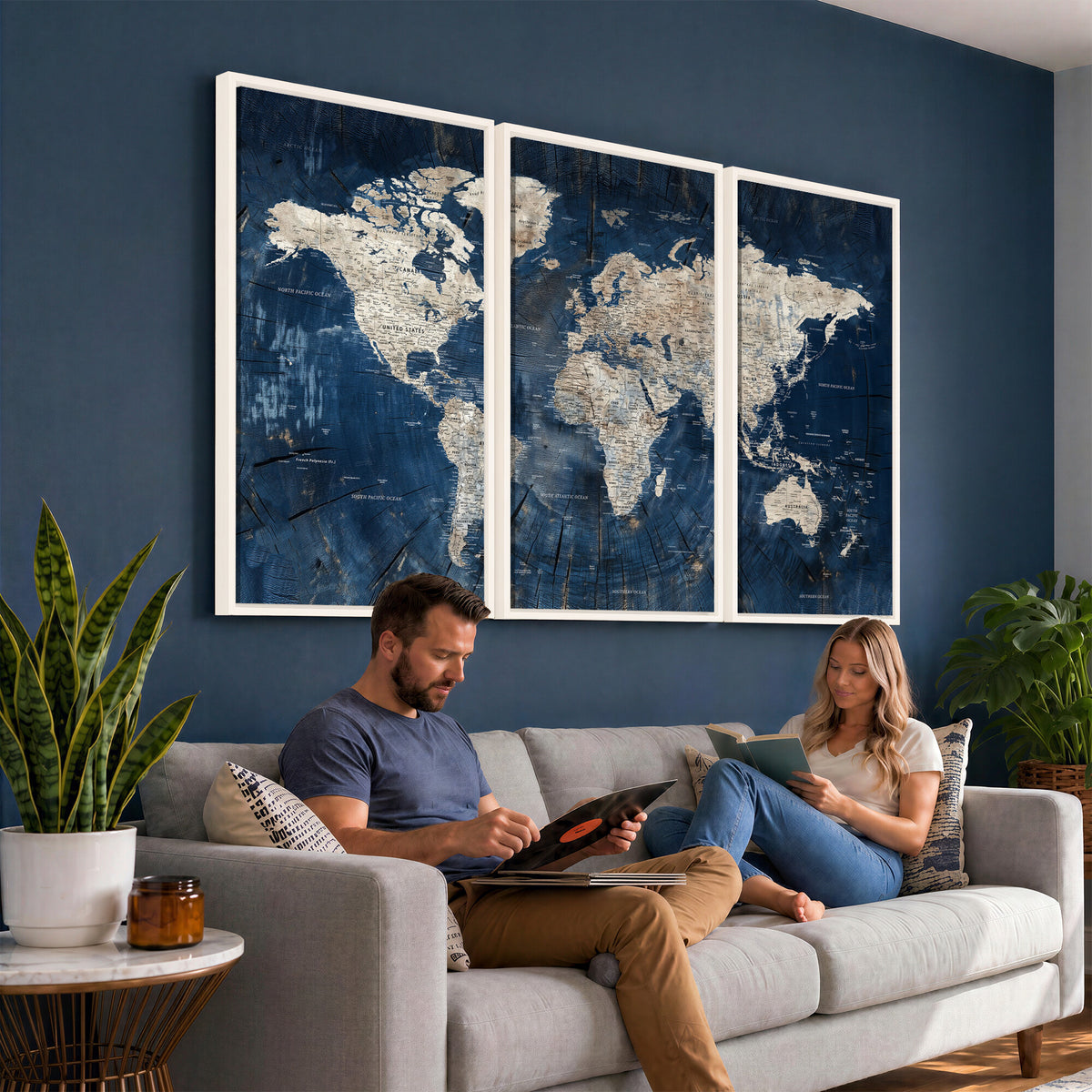 56126010-MGV-CV-36X24 - Large Blue World Map Wall Art Canvas Print for Home Office