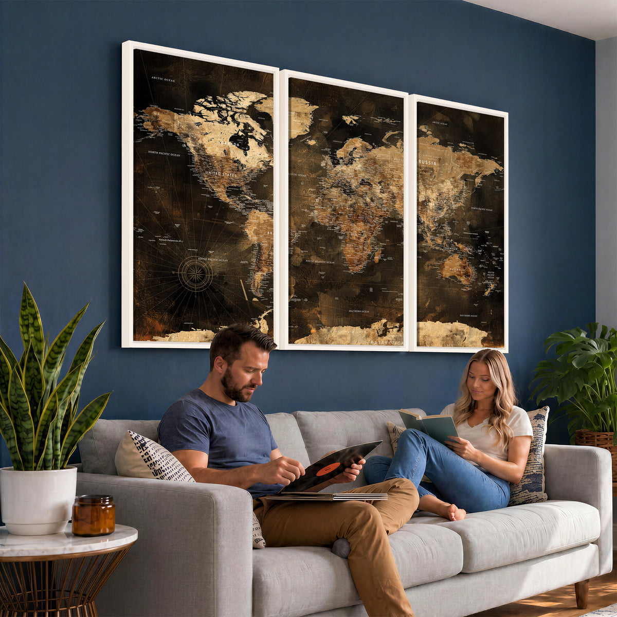 97742922-MGV-CV-36X24 - World Map Canvas Print, Modern Decorative Framed Map Artwork