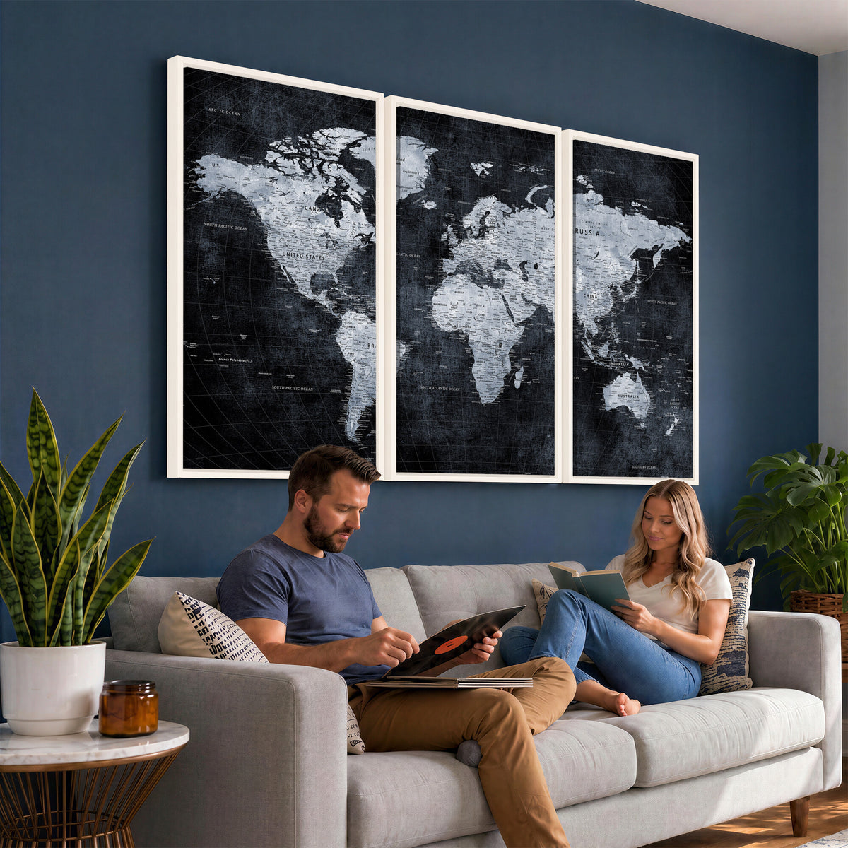86893704-MGV-CV-36X24 - Black World Map Canvas Print | Detailed Map for Couples and Anniversary Gift