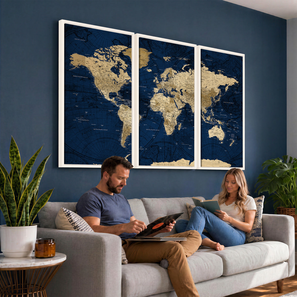54770746-MGV-CV-36X24 - Navy Blue World Map Canvas Print – Detailed Map Minimal Navy